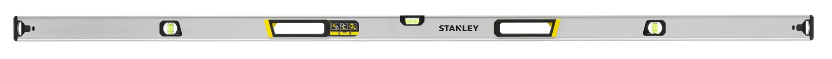 STANLEY FMHT43678-1 livella a bolla con profilo rettangolare, argento con dettagli neri e gialli, vista dall’alto, sfondo bianco.