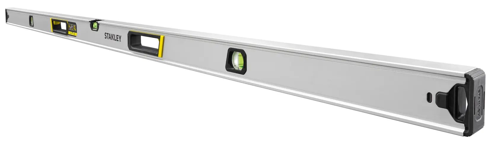 Livella STANLEY FMHT43678-1, argento con dettagli gialli, vista angolata su sfondo bianco.