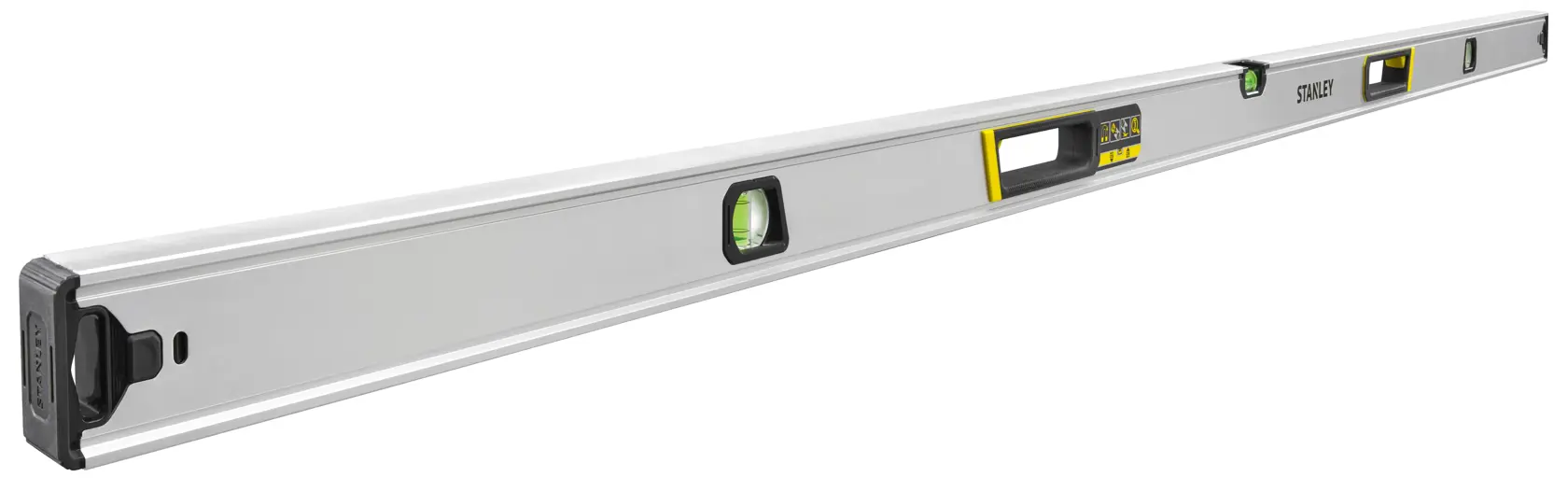 STANLEY FMHT43679-1 livella a bolla in alluminio, angolo dritto, corpo argento con finestre, sfondo bianco.