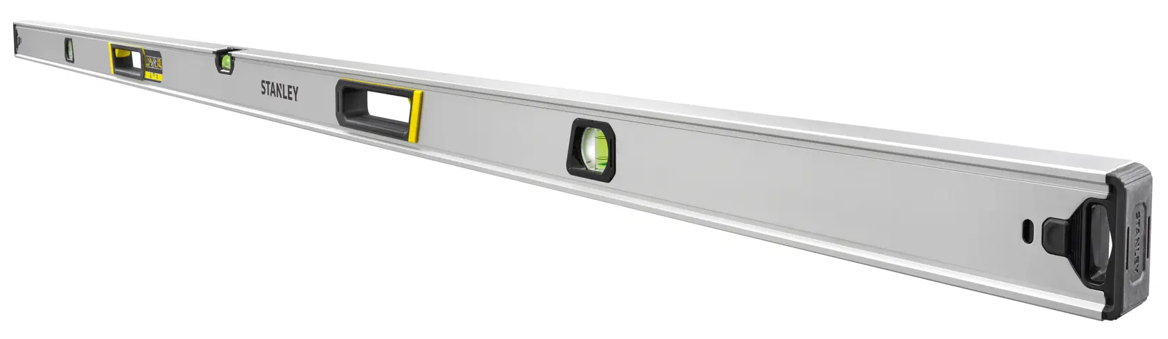 Livella a bolla in alluminio STANLEY FMHT43679-1, vista frontale su sfondo bianco, tre fiale e tappi neri.