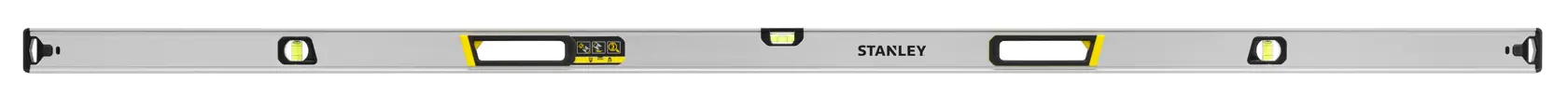 Foto del livello box beam STANLEY FMHT43680-1, argento con dettagli neri e gialli, vista frontale su sfondo bianco.
