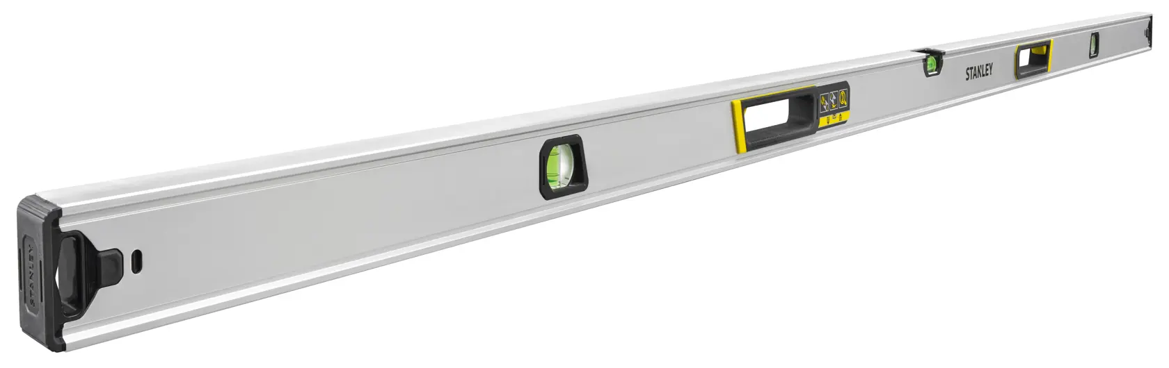 Livella STANLEY FMHT43680-1 con corpo in alluminio, tre fiale e manici ergonomici, vista laterale su sfondo bianco.