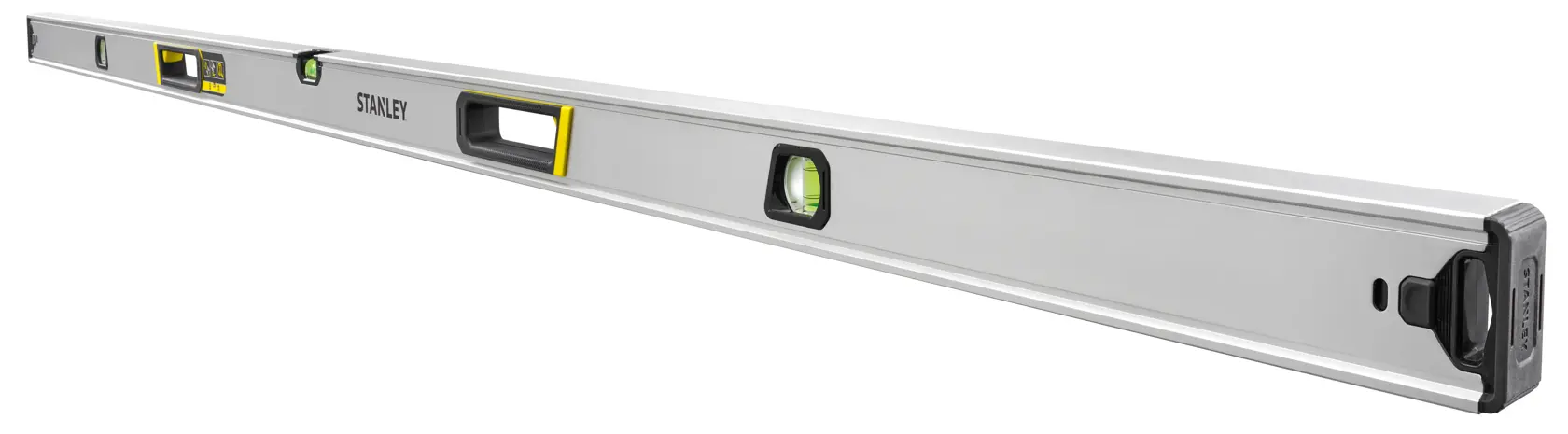 Stanley FMHT43680-1 livella in alluminio, argento, vista angolata su sfondo bianco.