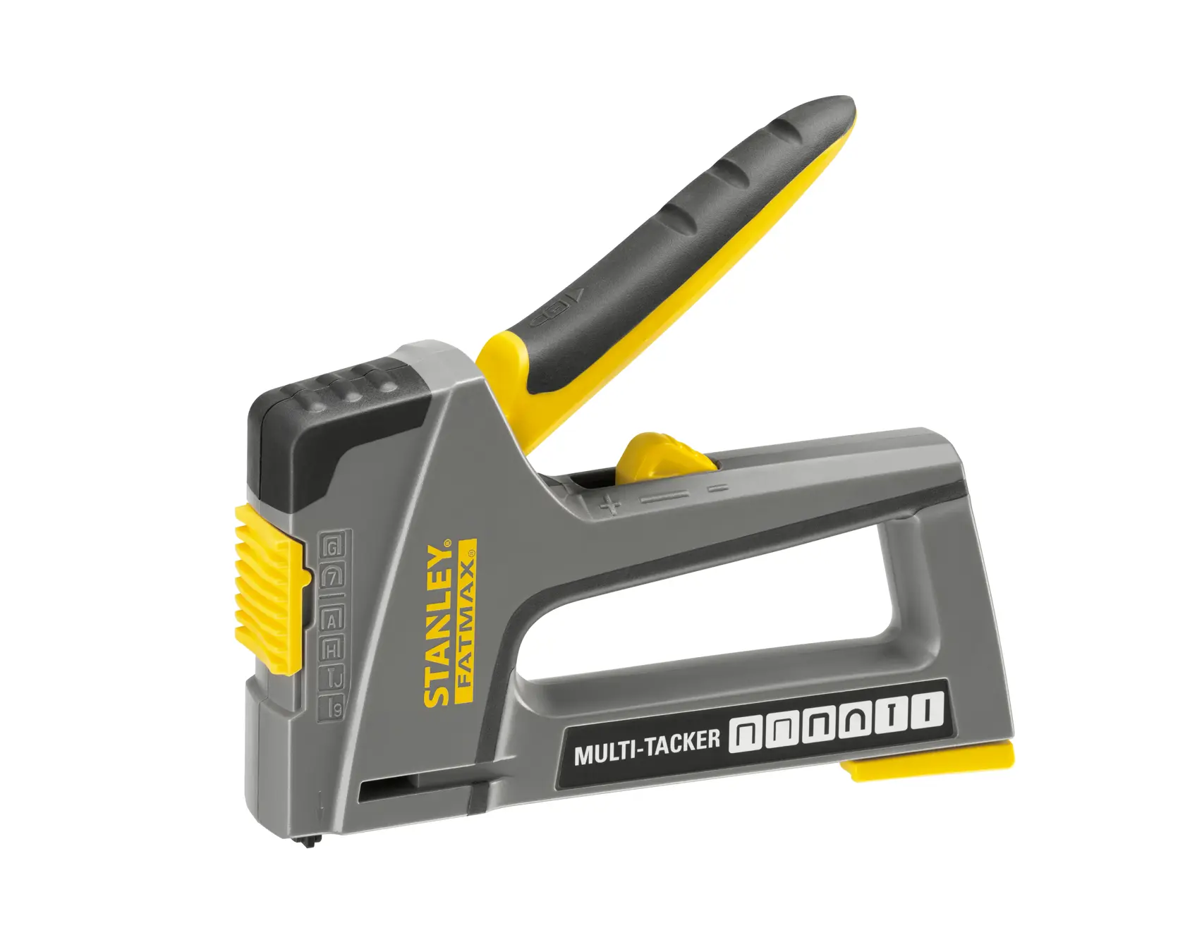 Fotografia della pinzatrice multi-tacker STANLEY FMHT6-70868 grigia e gialla, inquadrata su sfondo bianco.