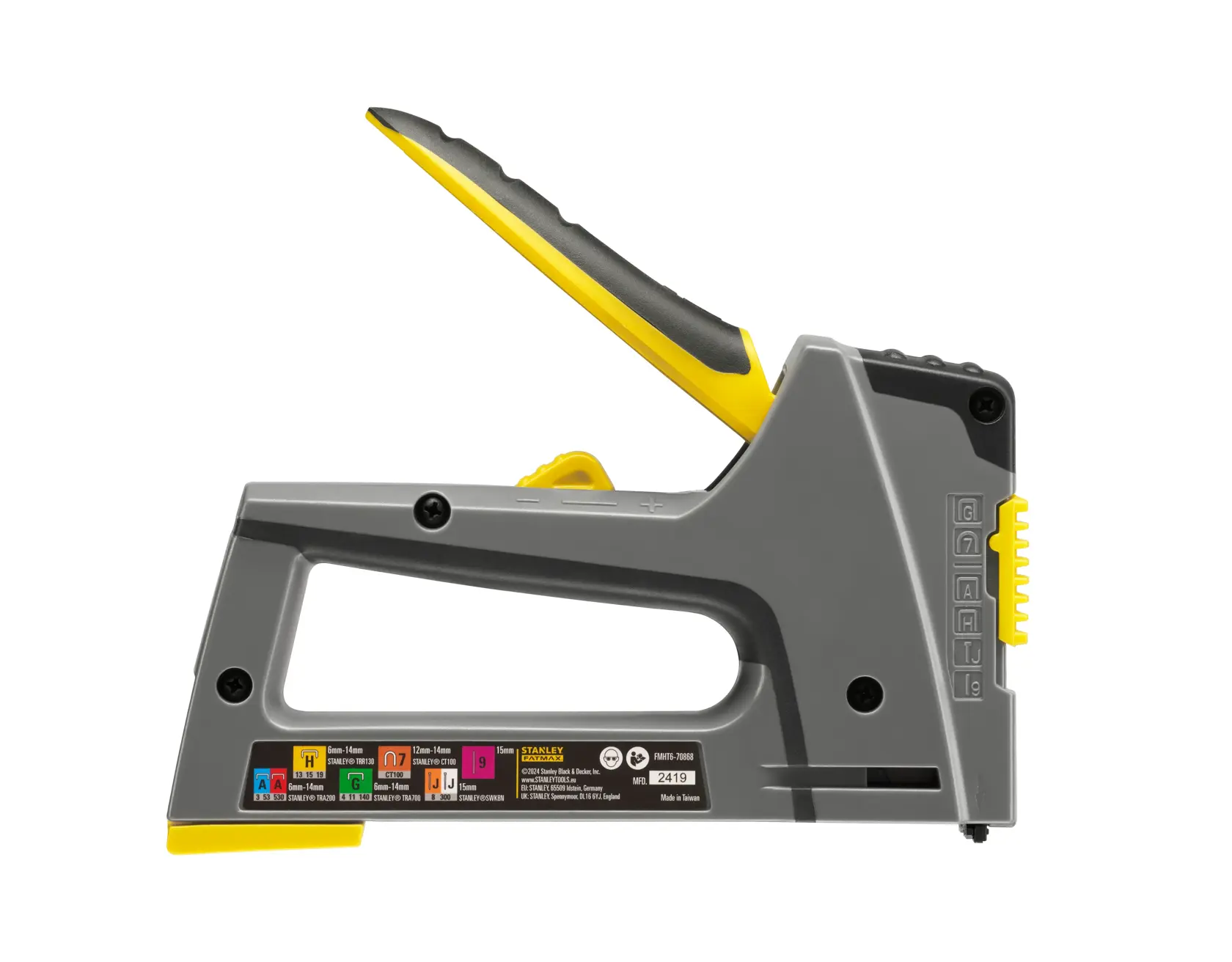 Pinzatrice manuale STANLEY FMHT6-70868, grigia e gialla, vista laterale del prodotto su sfondo bianco.