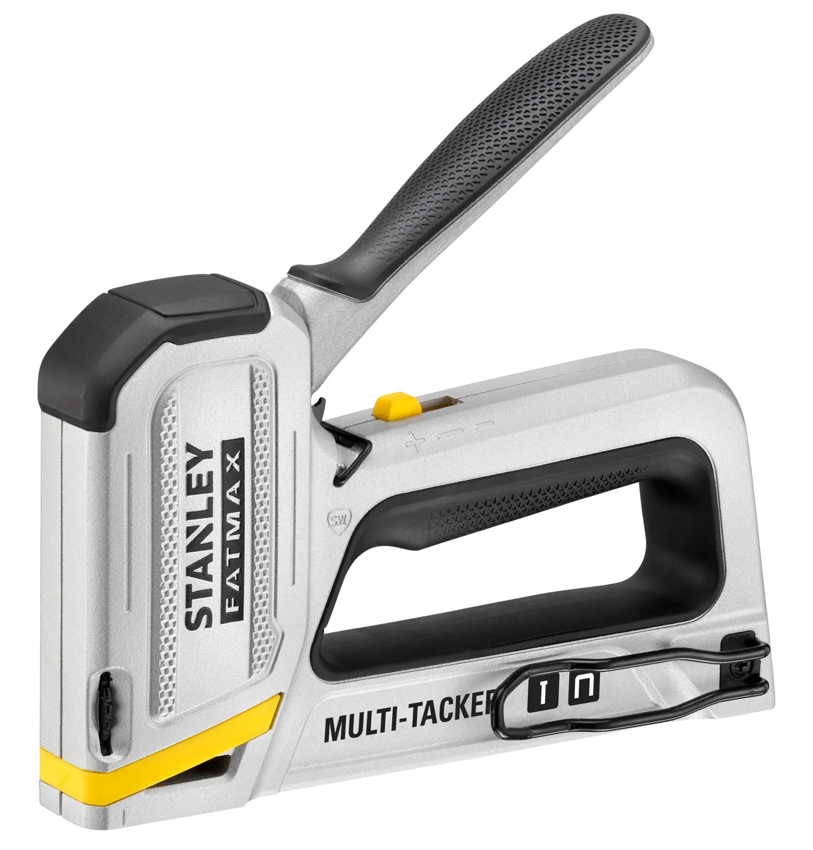 Foto della cucitrice multiuso STANLEY FMHT70250-0, argento con dettagli neri e gialli, vista laterale.