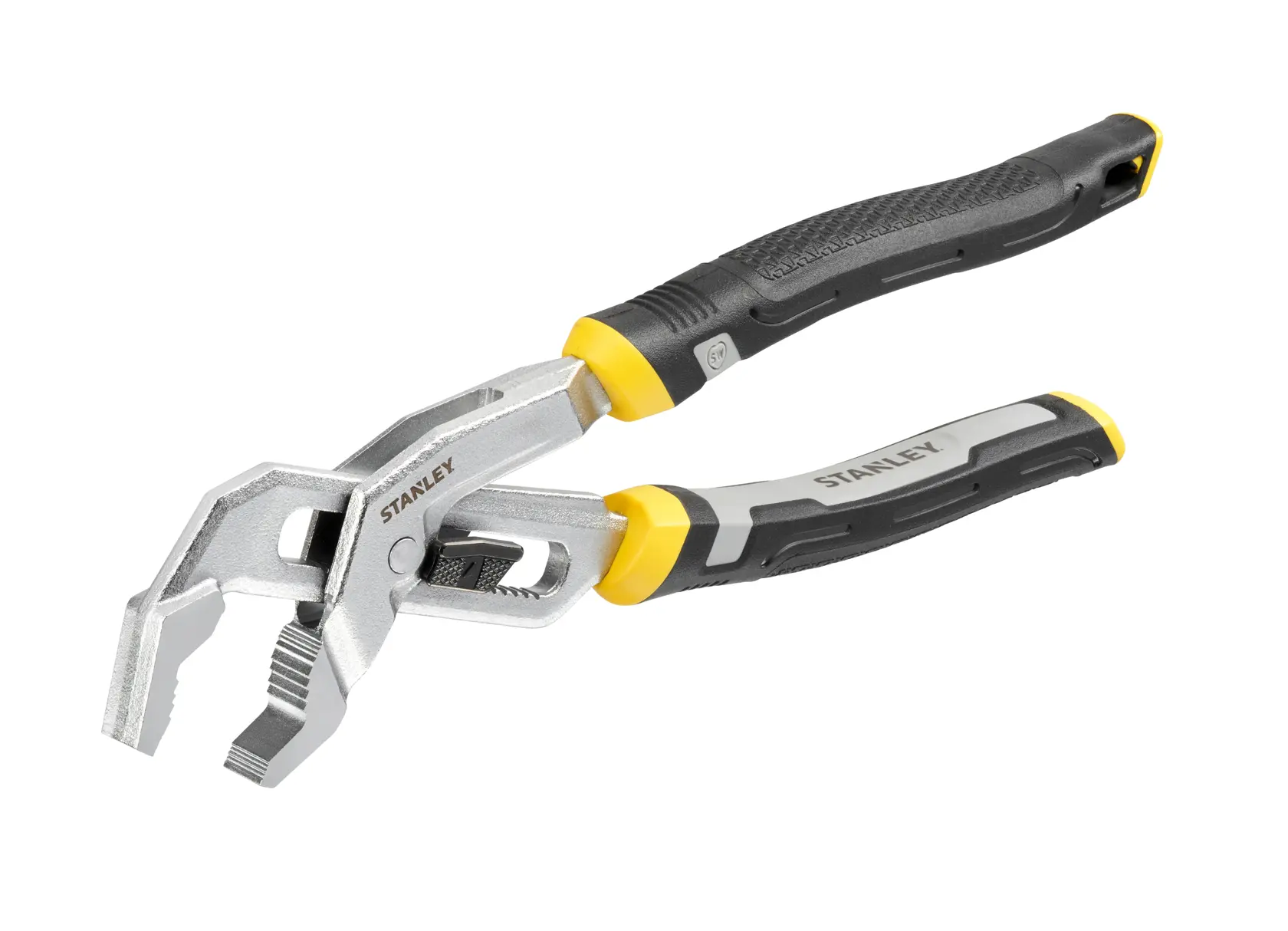 Pinza regolabile STANLEY FMHT75508-0 con impugnature nere e gialle, vista angolata su sfondo bianco.