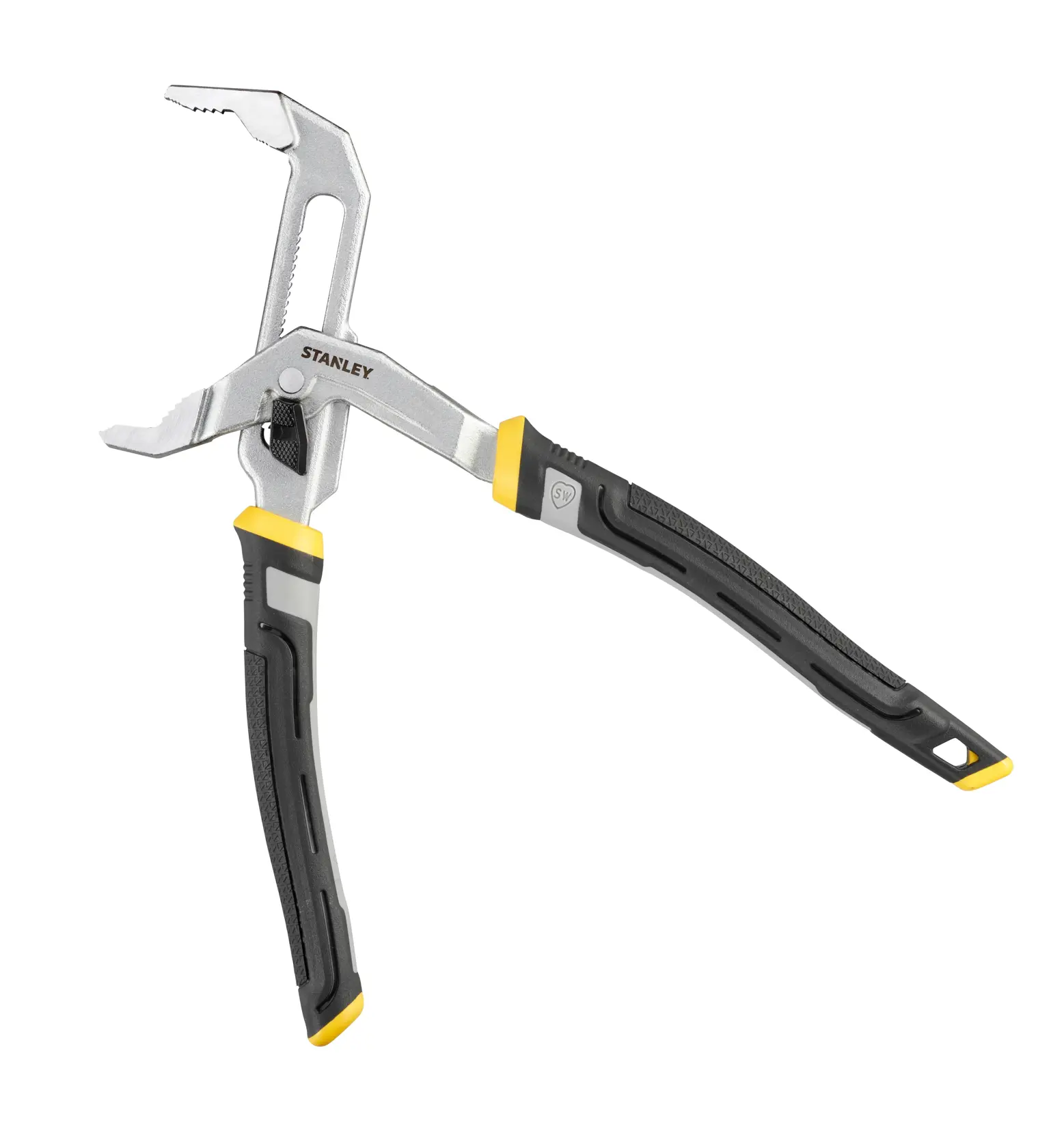 STANLEY FMHT75510-0 pinza regolabile con manici neri e gialli, vista laterale su sfondo bianco.