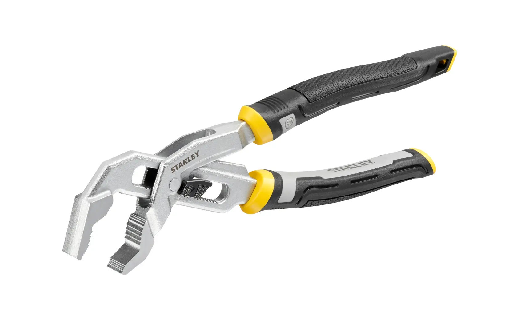 STANLEY FMHT75510-0 pinza regolabile con impugnatura nera e gialla, foto prodotto, angolata su sfondo bianco.