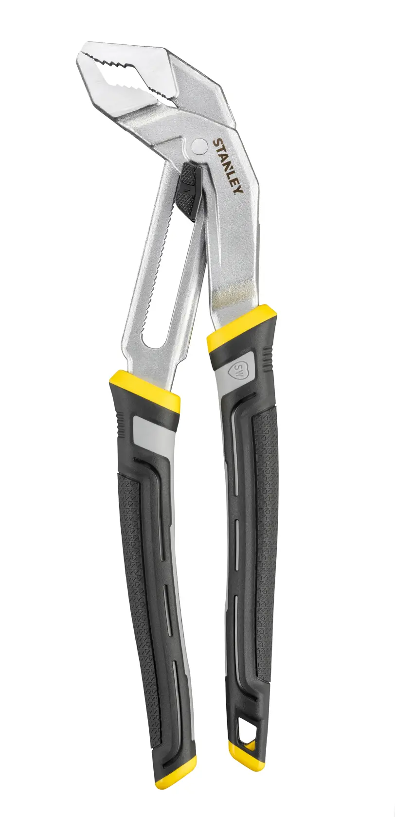 STANLEY FMHT75512-0 pinza regolabile a scanalatura con manici ergonomici neri e gialli, vista frontale.