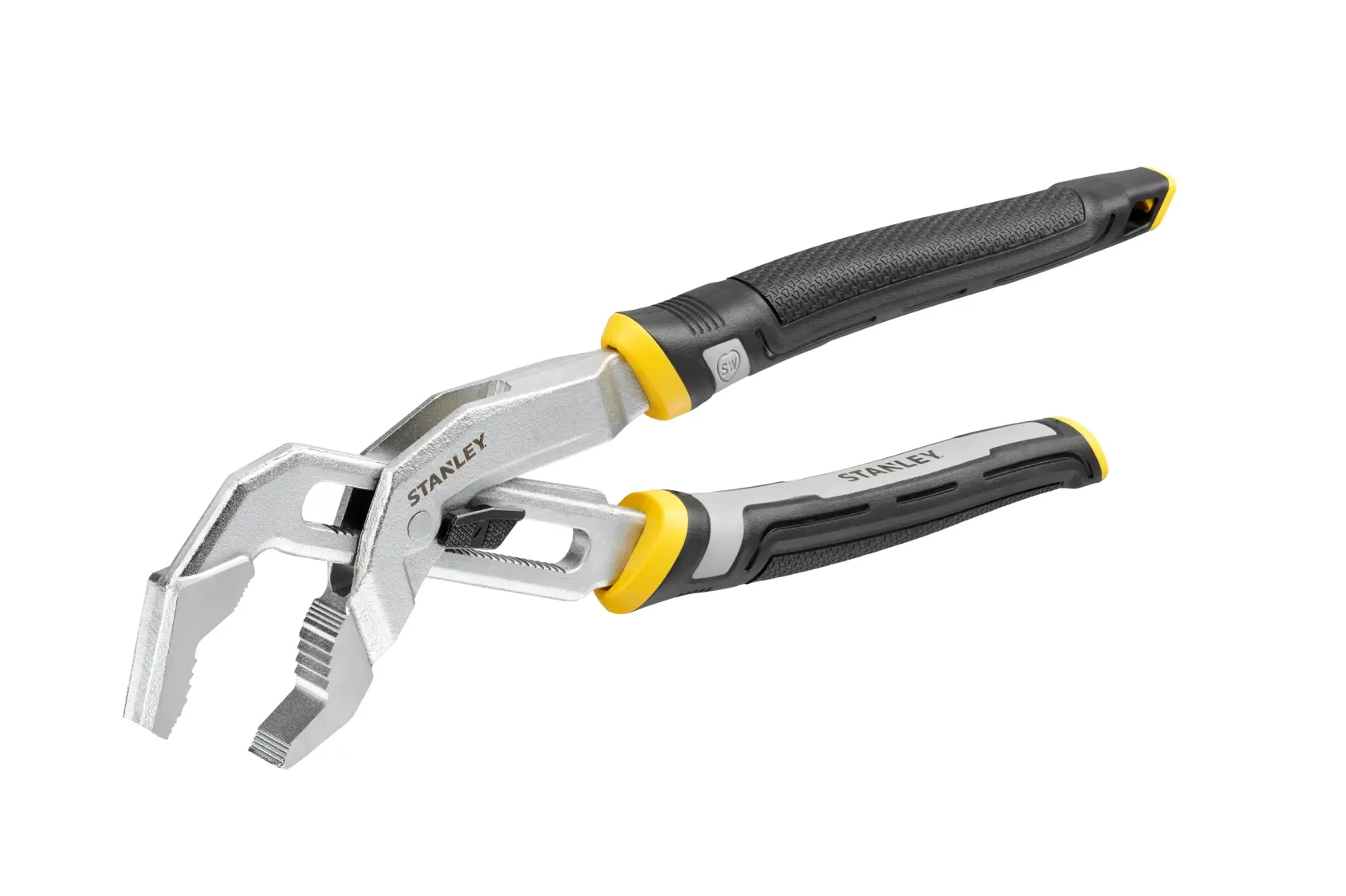 STANLEY FMHT75512-0 pinza regolabile con manici neri e gialli, vista laterale su sfondo bianco.