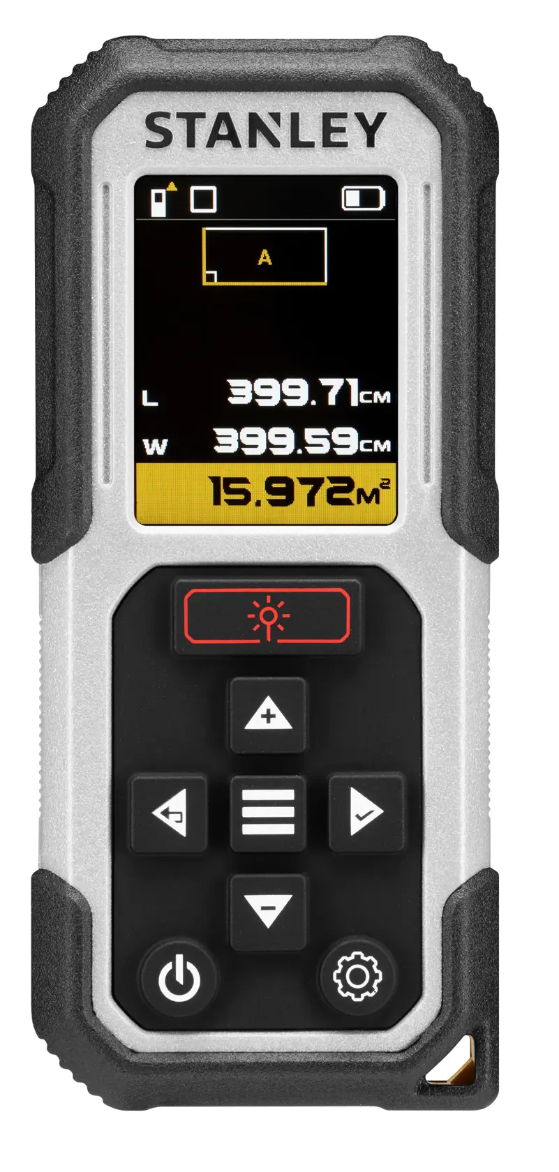 STANLEY FMHT77050-XJ misuratore laser di distanza nero e argento, vista frontale con display e pulsanti di controllo.
