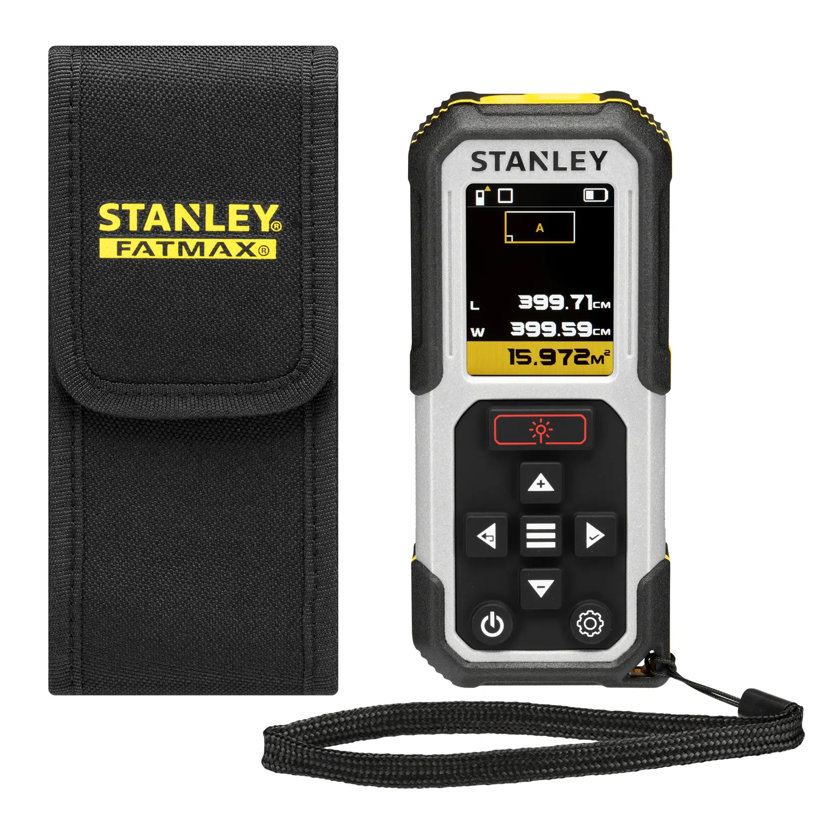 STANLEY FMHT77050-XJ misuratore laser frontale con custodia nera e cinturino da polso.