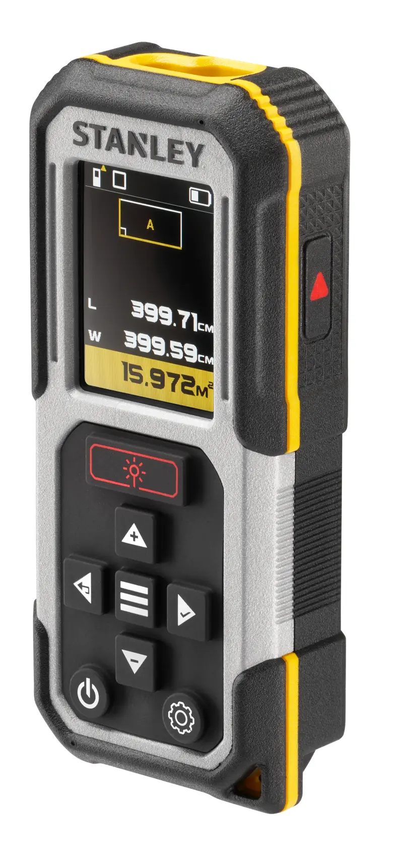 STANLEY FMHT77050-XJ misuratore laser con display digitale e corpo nero-giallo, vista frontale.