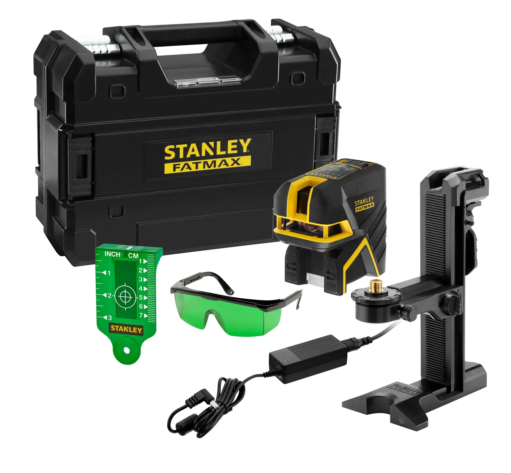 Kit livello laser STANLEY FMHT77598-1 con laser nero e giallo, valigetta, occhiali verdi, staffa, caricabatterie e targhetta bersaglio.