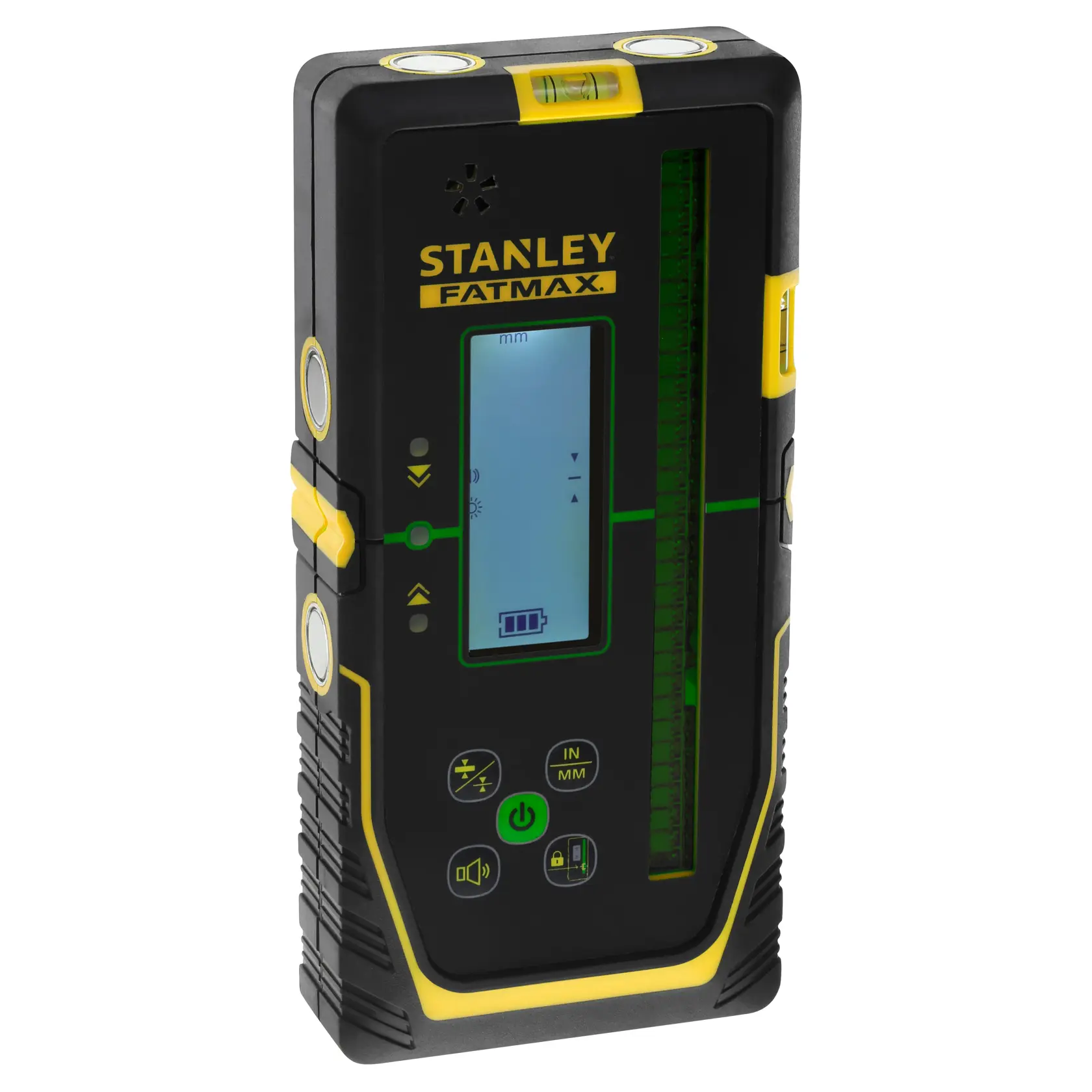 Rilevatore laser STANLEY FMHT77653-0, nero e giallo, vista frontale, con display digitale e pulsanti di controllo.