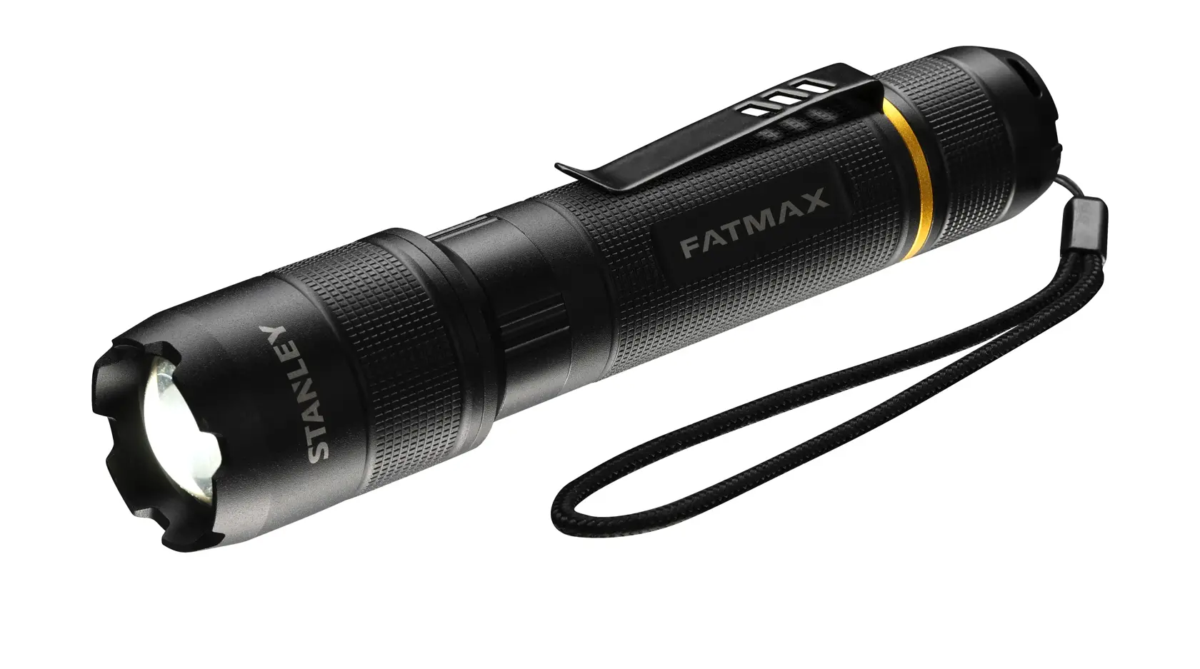 Torcia nera STANLEY FMHT81511-0 con clip, cinturino da polso, dettaglio giallo, vista laterale su sfondo bianco.