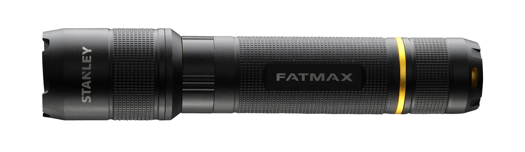 Torcia nera STANLEY FMHT81511-0 con anello giallo, vista laterale su sfondo bianco.