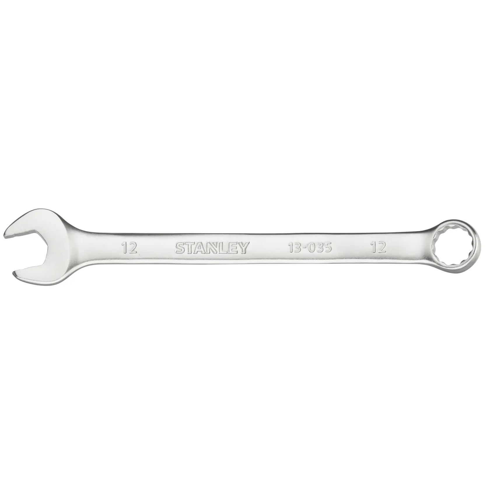 Chiave combinata STANLEY FMMT13035-0 con estremità aperta e ad anello, finitura argento, vista dall'alto su fondo bianco.