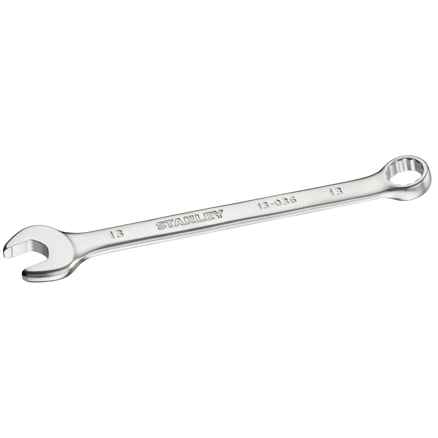 Chiave combinata STANLEY FMMT13036-0 argentata, con estremità aperta e chiusa, vista angolata su sfondo bianco.