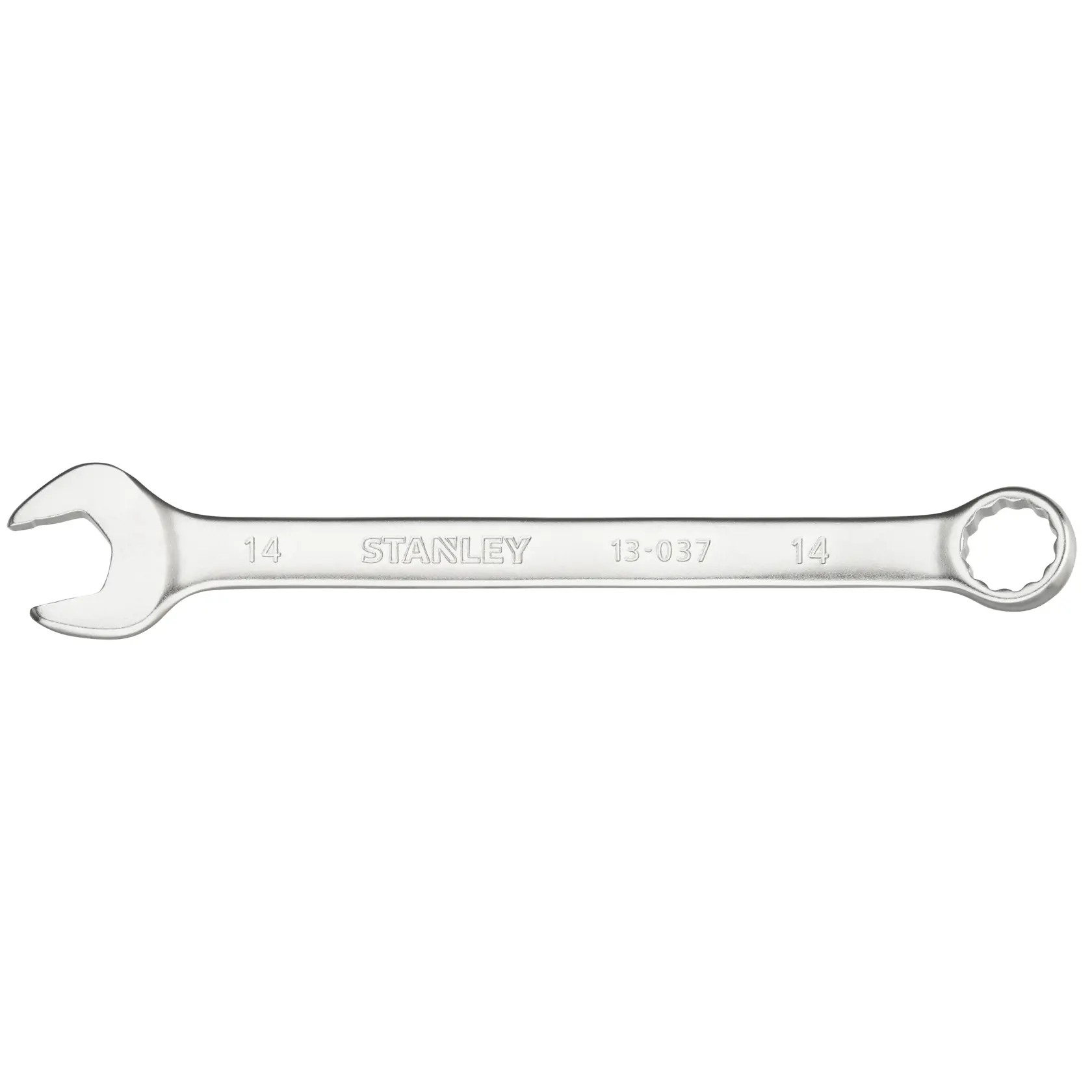 Foto della chiave combinata STANLEY FMMT13037-0, finitura argento, bocca aperta e chiusa, su sfondo bianco.