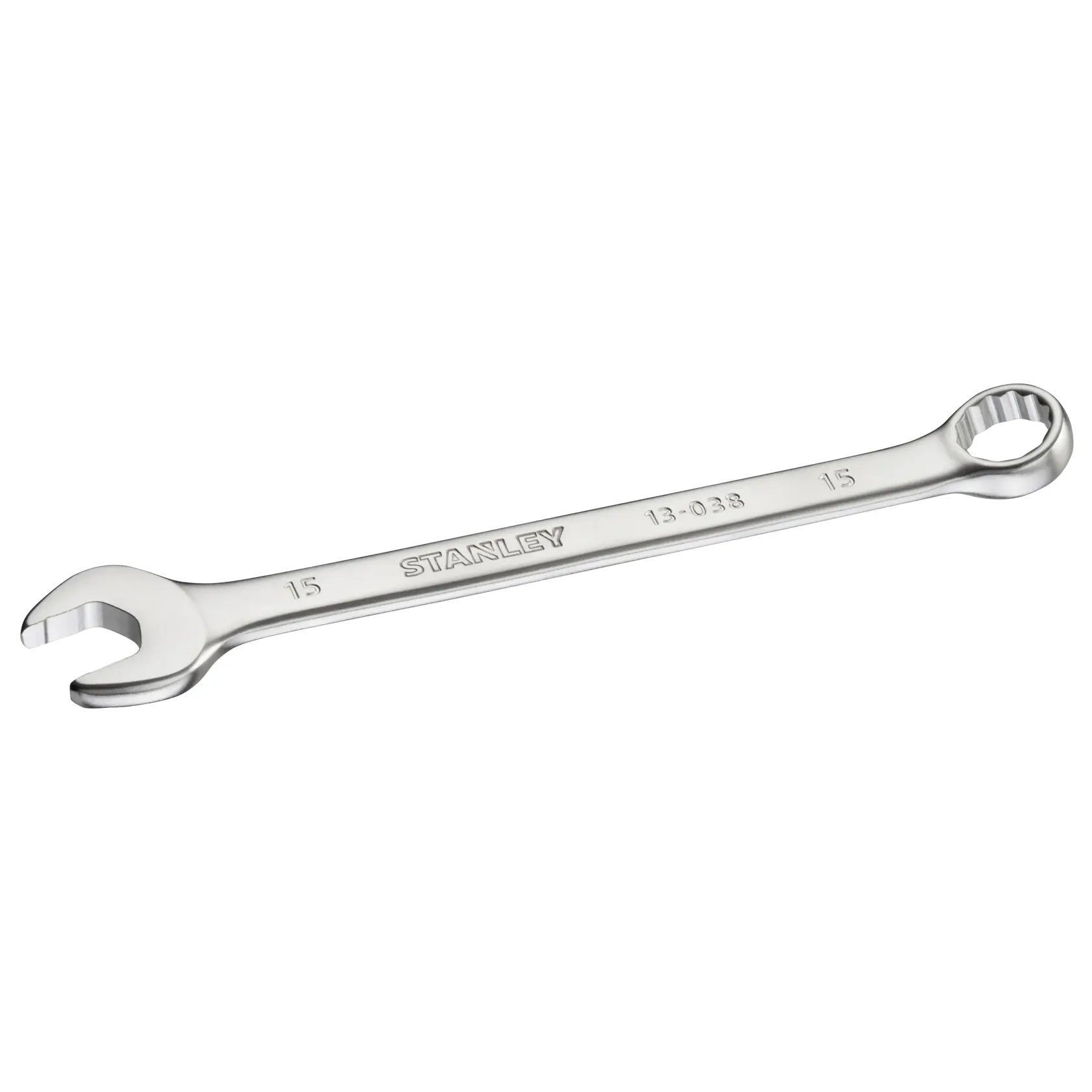 Chiave combinata STANLEY FMMT13038-0, metallo argento, misura 15 mm, vista angolata su sfondo bianco.