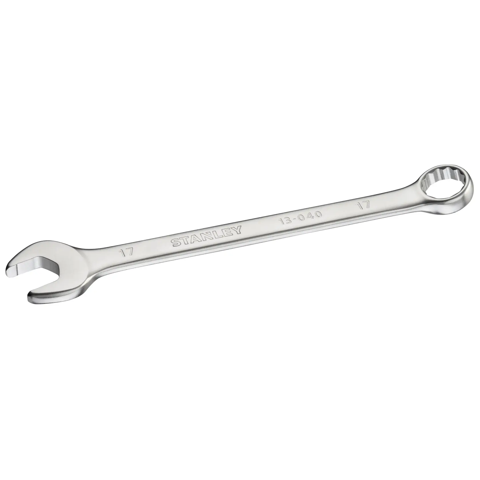 Chiave combinata STANLEY FMMT13040-0 argento, vista laterale destra, estremità aperta e ad anello visibili.