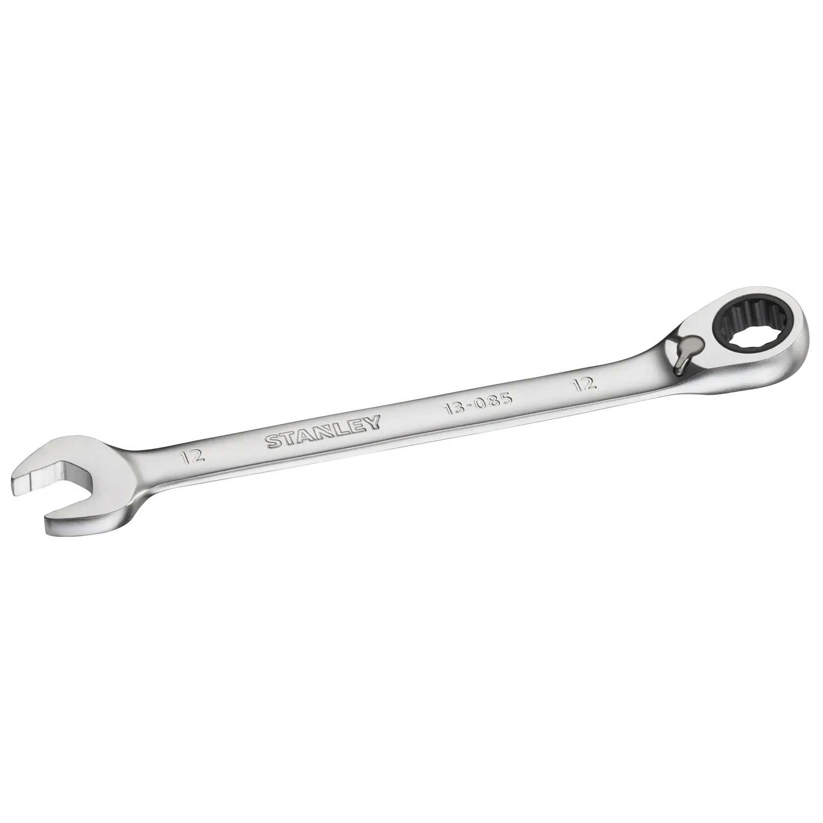 Chiave combinata a cricchetto STANLEY FMMT13085-0, metallo argento, foto angolata su sfondo bianco.