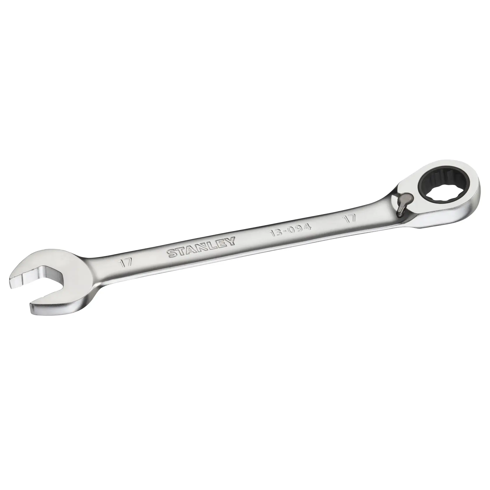 Stanley FMMT13094-0 chiave combinata a cricchetto cromata 17mm, foto del prodotto su sfondo bianco.