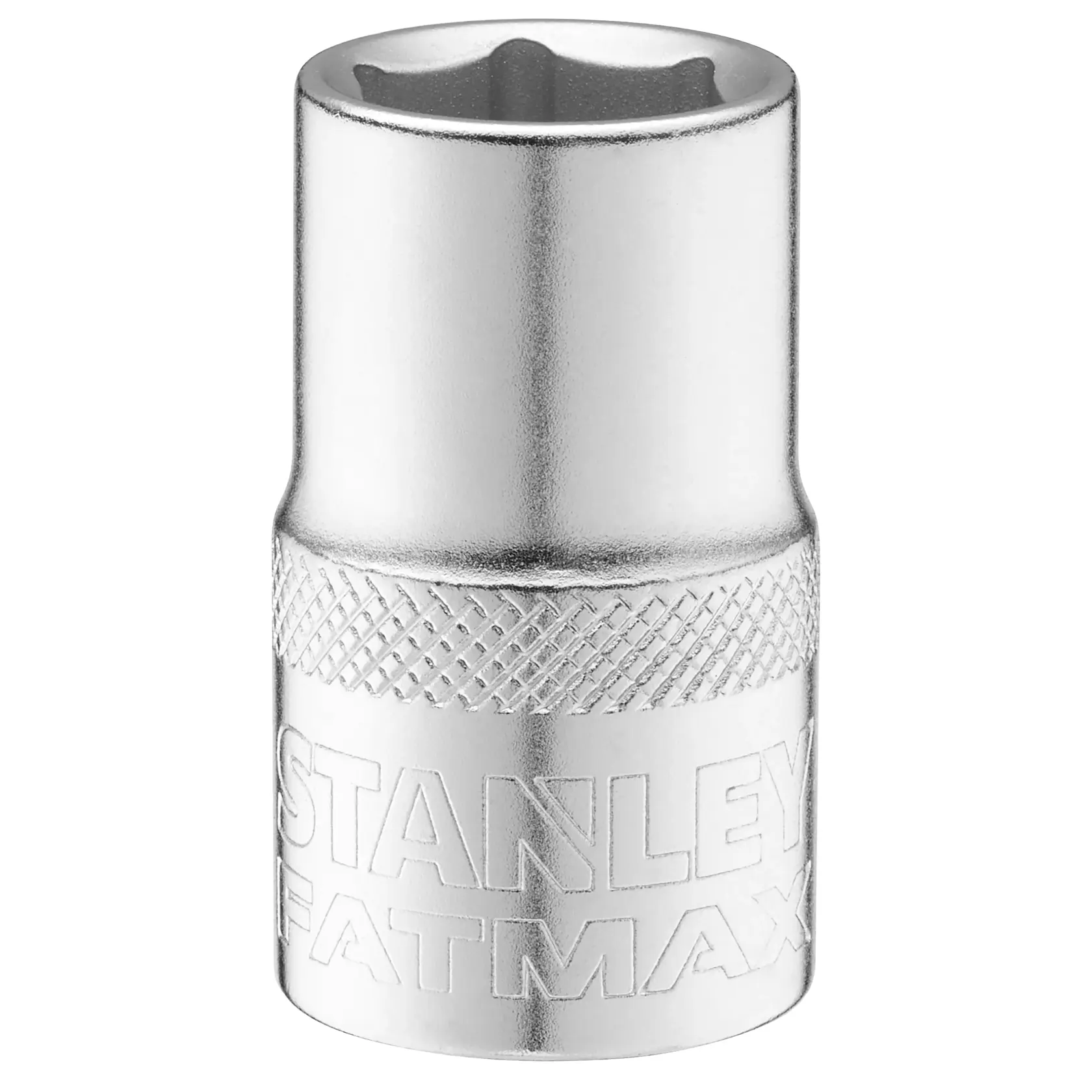 Boccola cromata STANLEY FMMT17233-0 con presa zigrinata, mostrata in verticale su sfondo bianco.