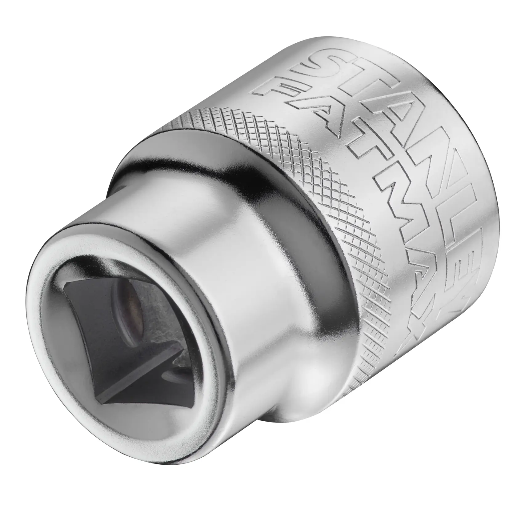 Adattatore per bussole cromato STANLEY FMMT17243-0 con superficie zigrinata, primo piano su sfondo bianco, accessorio per utensili.