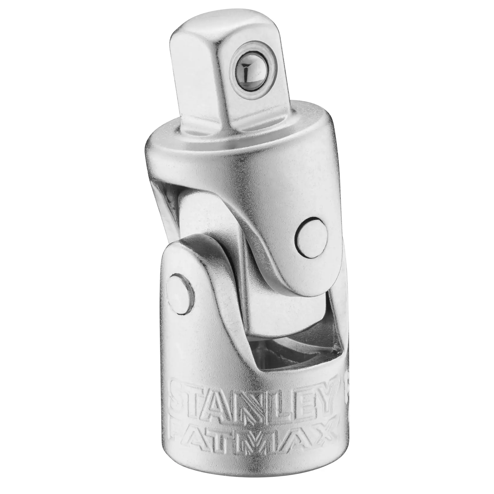 Foto dell'adattatore snodato universale STANLEY FMMT18008-0, finitura argento, vista frontale su sfondo bianco.