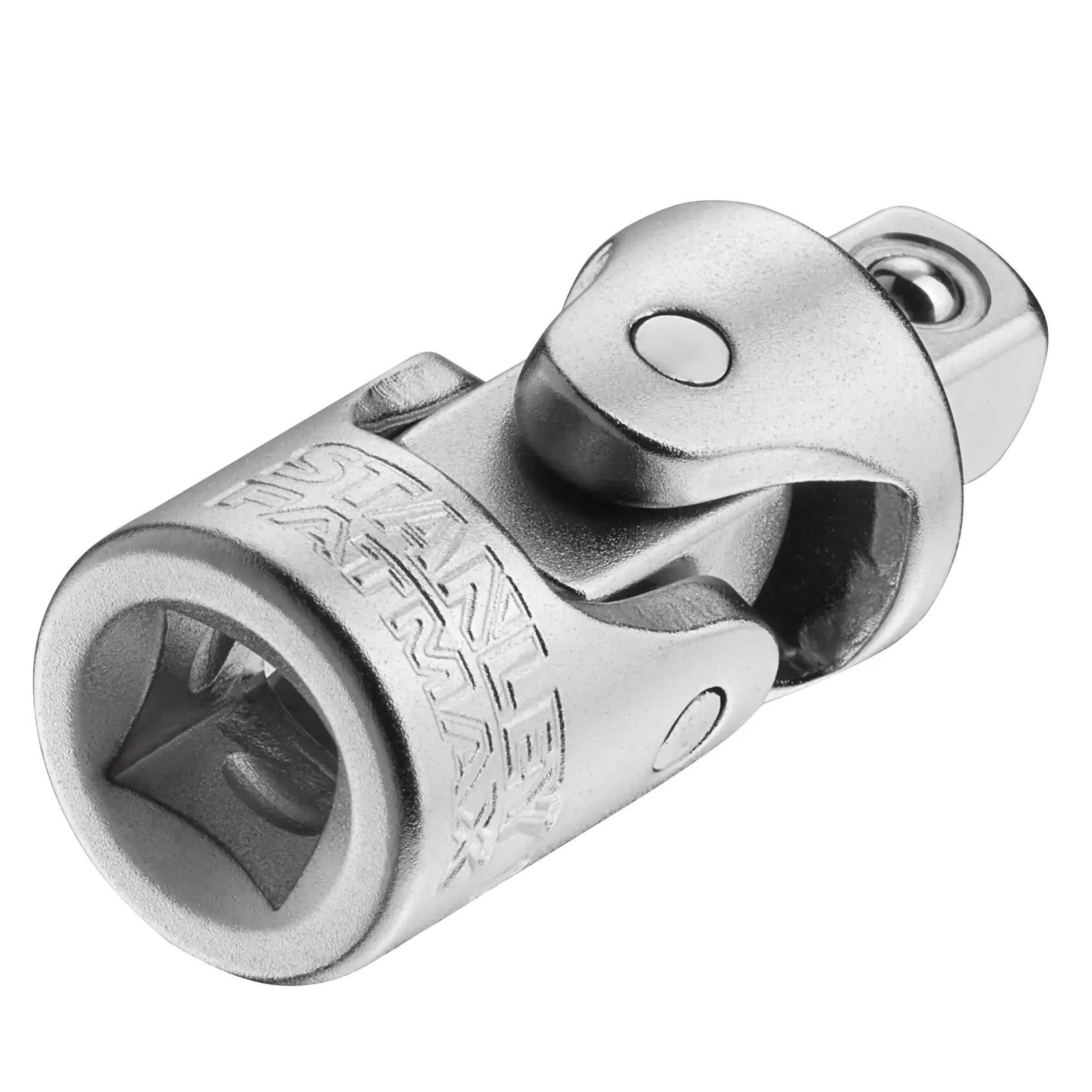 Accessorio snodo universale cromato STANLEY FMMT18008-0, primo piano su sfondo bianco.