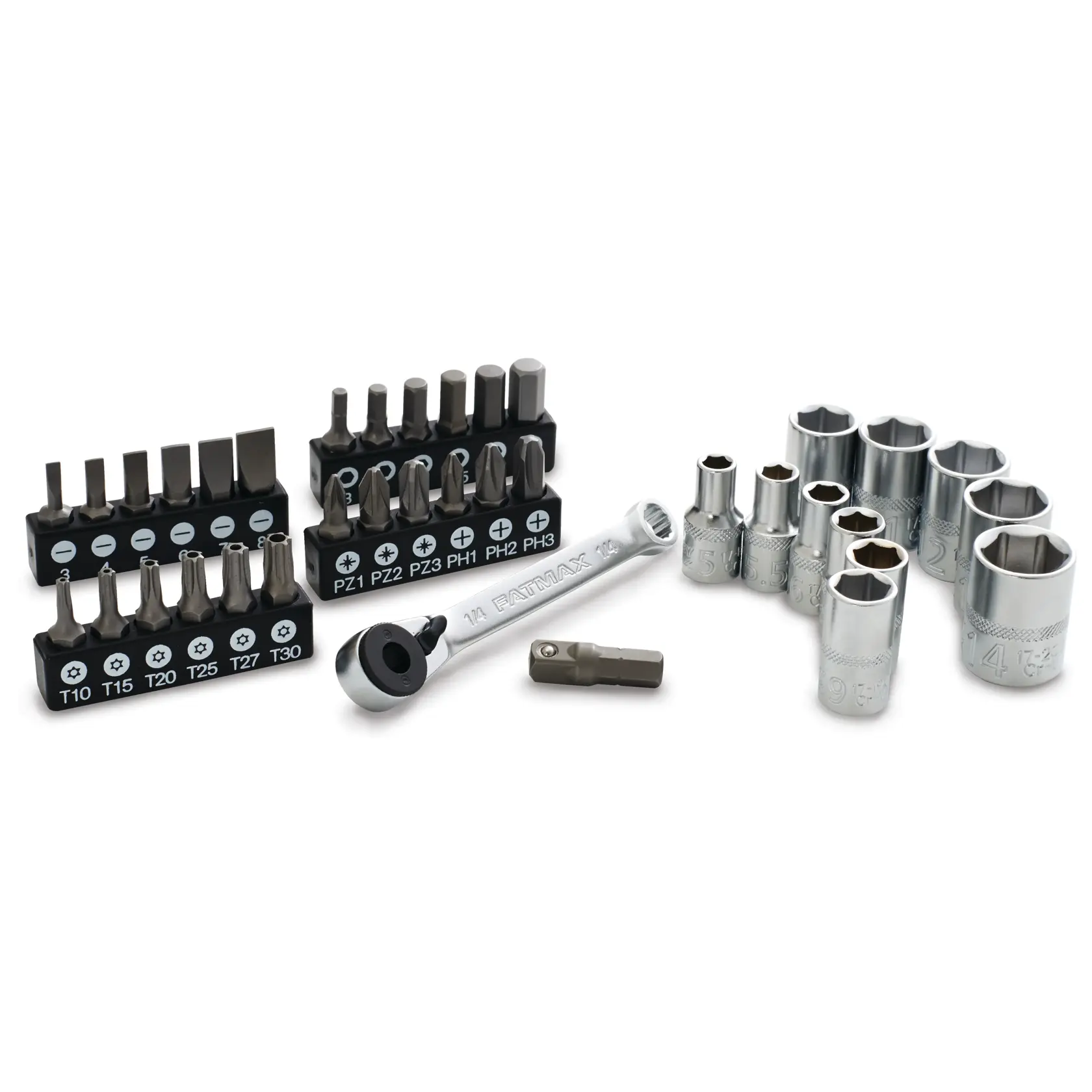 STANLEY FMMT19101-0 set di cricchetto, bussole e inserti, argento e nero, vista frontale su sfondo bianco.