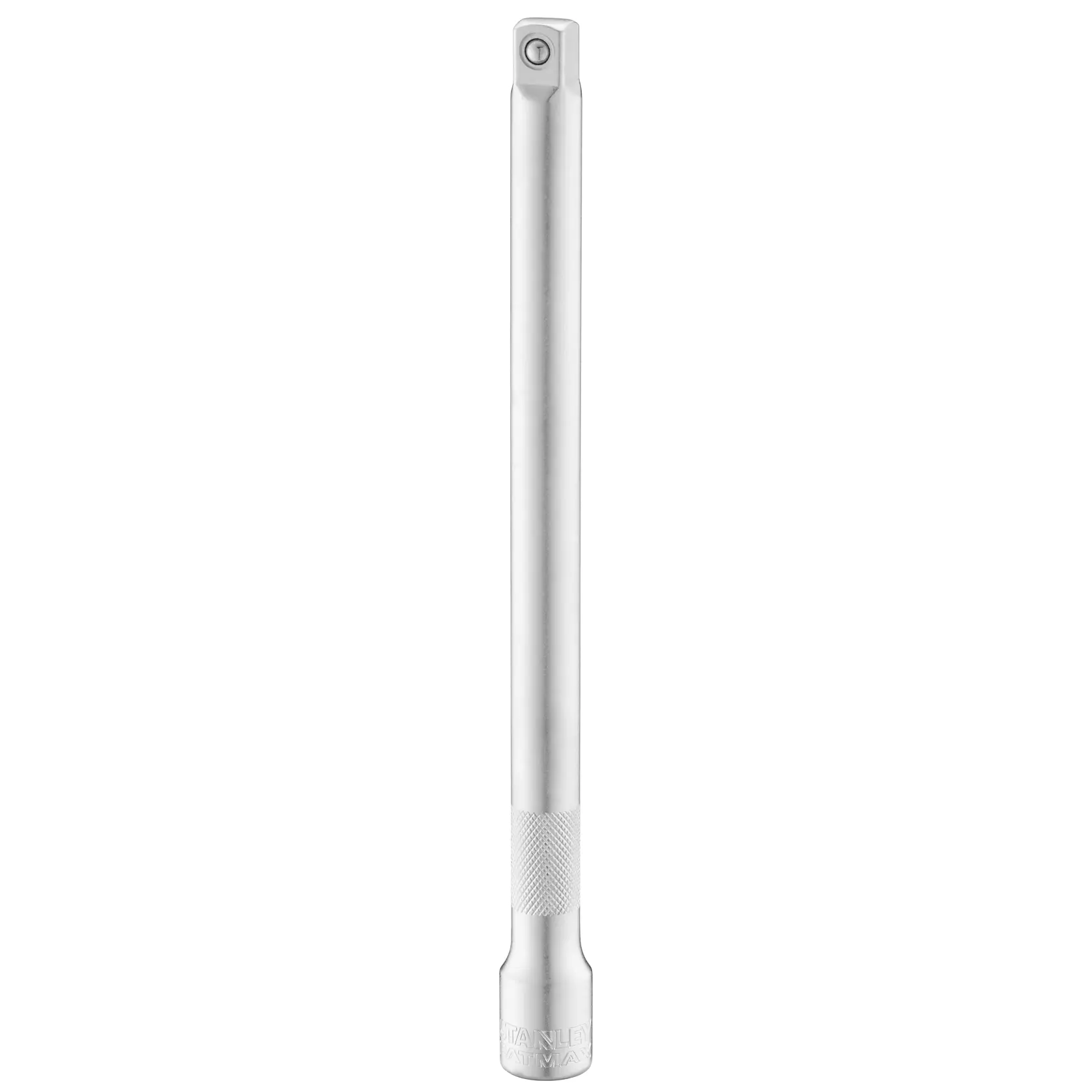 STANLEY FMMT25122-0 barra di prolunga cromata, impugnatura zigrinata, accessorio per bussole, vista frontale, sfondo bianco.