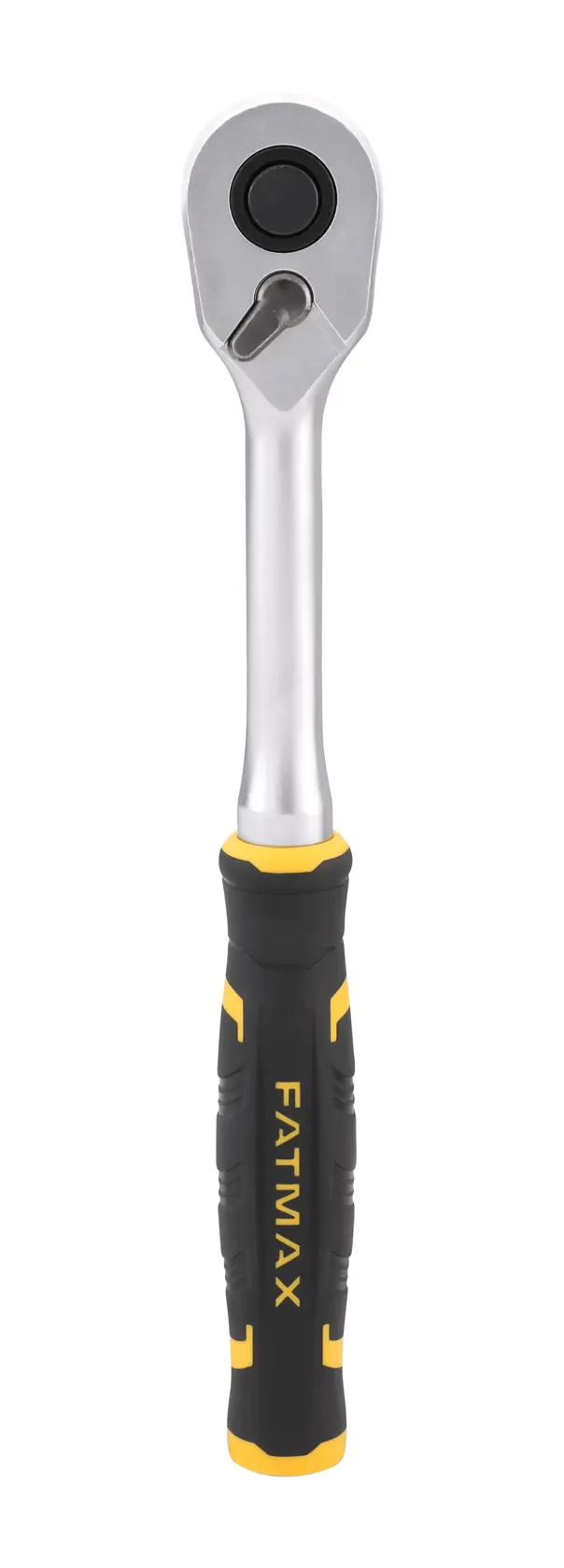 Manico a cricchetto STANLEY FMMT82676-0, impugnatura FATMAX nera e gialla, vista frontale su sfondo bianco.