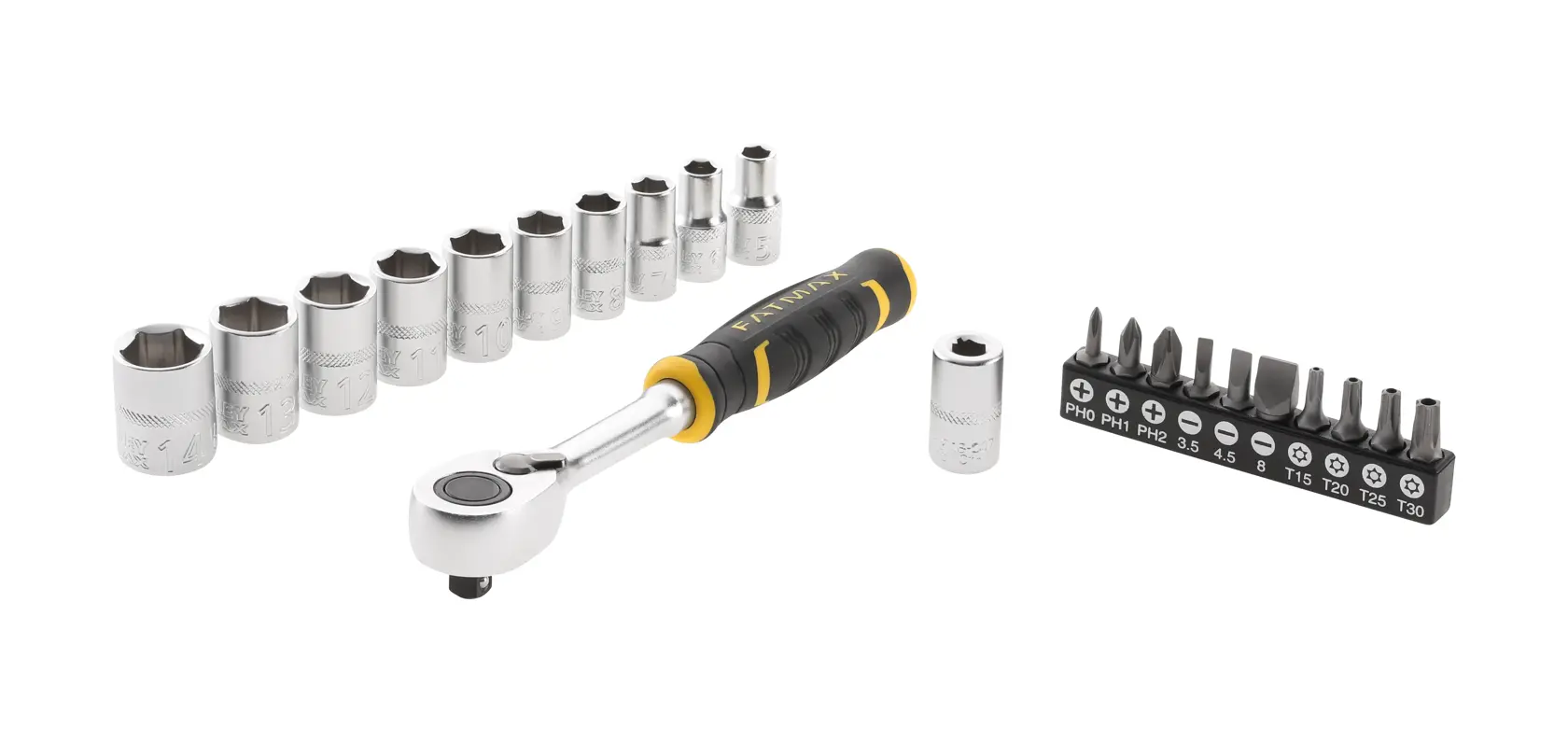 STANLEY FMMT82679-0 set di bussole e inserti con manico a cricchetto, dodici bussole e dieci inserti, vista frontale.
