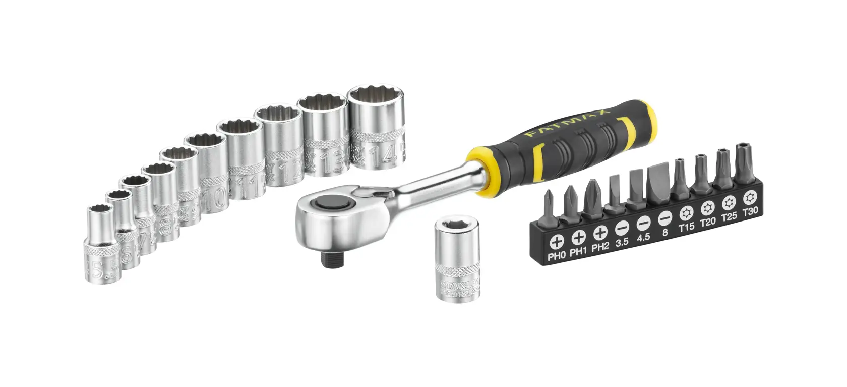 STANLEY FMMT82679-0 set cricchetto con manico nero e giallo, bussole e diversi inserti, vista frontale.