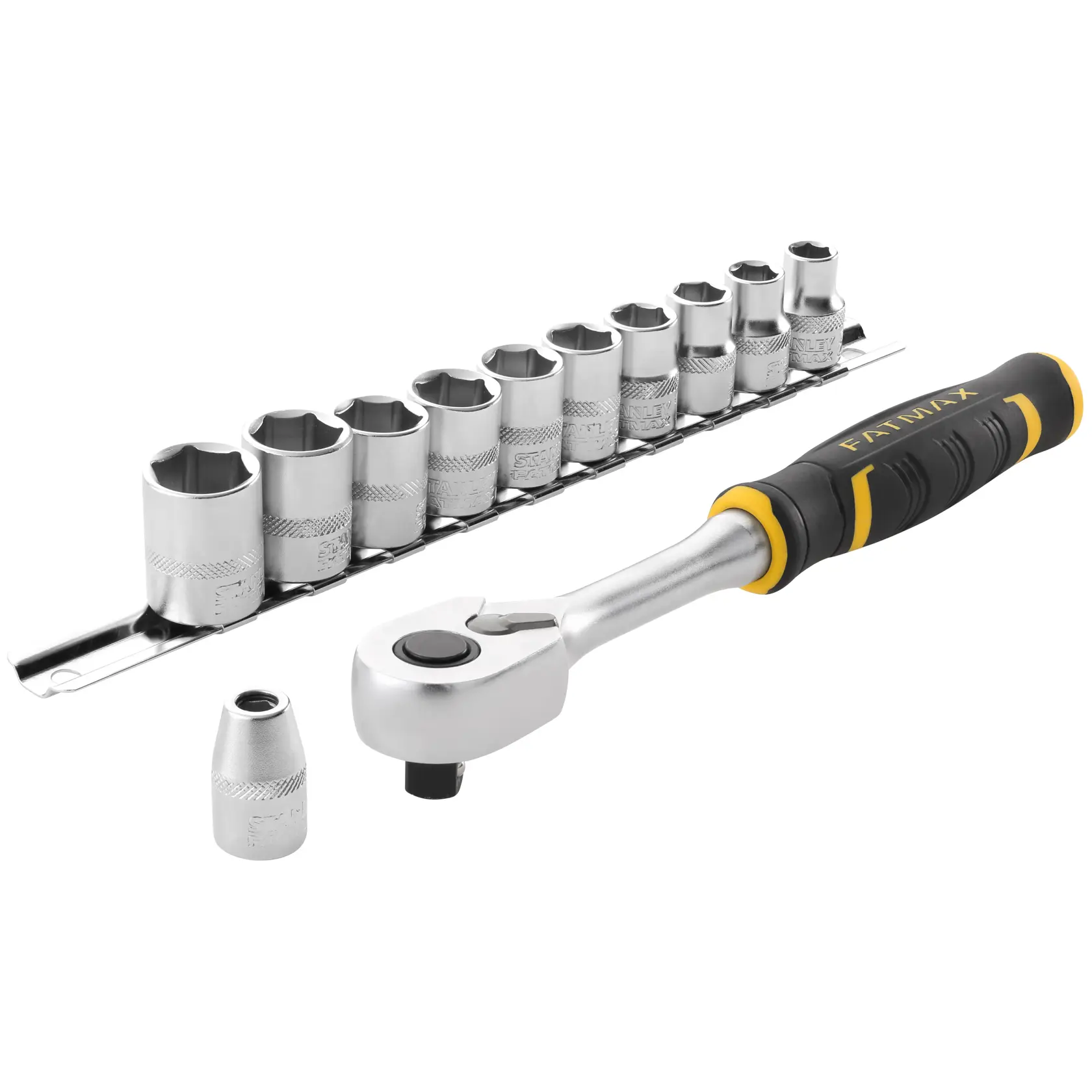 Set cricchetto e bussole STANLEY FMMT82680-0 con manico nero e giallo, vista frontale su sfondo bianco.