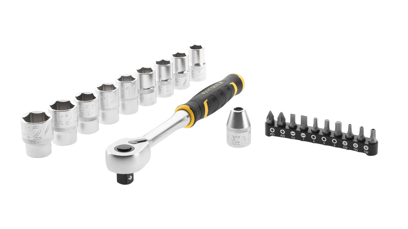 STANLEY FMMT82681-0 set chiavi a bussola con cricchetto, bussole, adattatore e inserti, vista frontale su sfondo bianco.