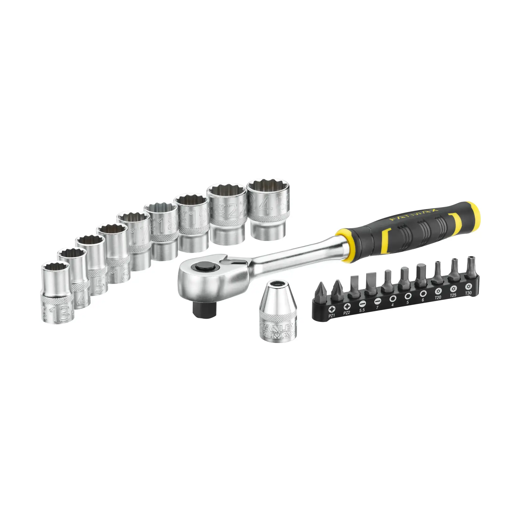 STANLEY FMMT82681-0 set di bussole e inserti con cricchetto, varie bussole e manico nero, foto frontale.