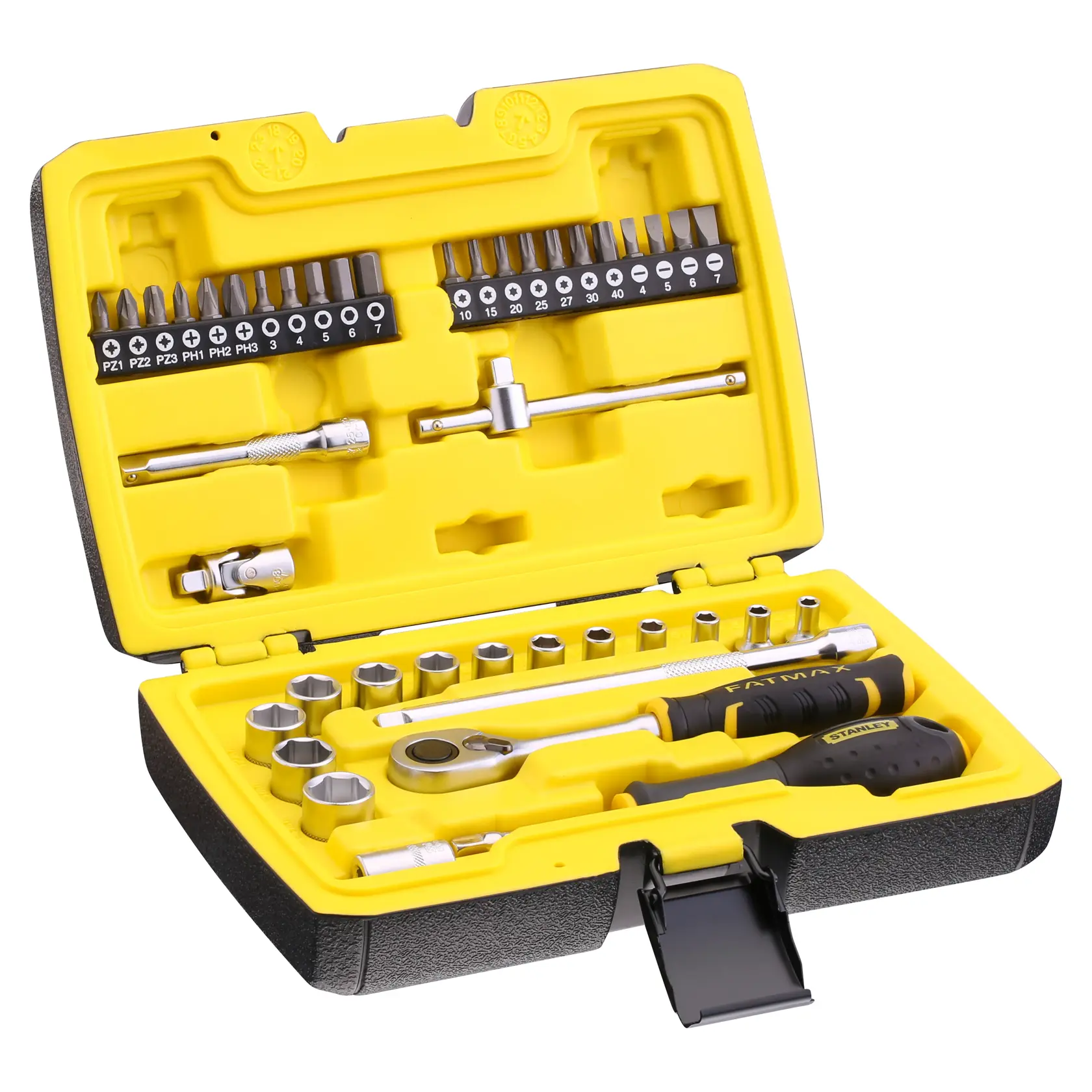 Set di bussole e inserti STANLEY FMMT82683-1 in valigetta rigida nera con interno giallo, aperta con diversi utensili manuali.