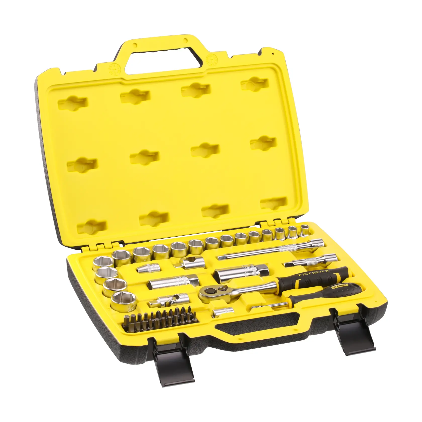 STANLEY FMMT82684-1 set di bussole e inserti in valigetta rigida gialla, mostrato in angolazione con coperchio aperto.