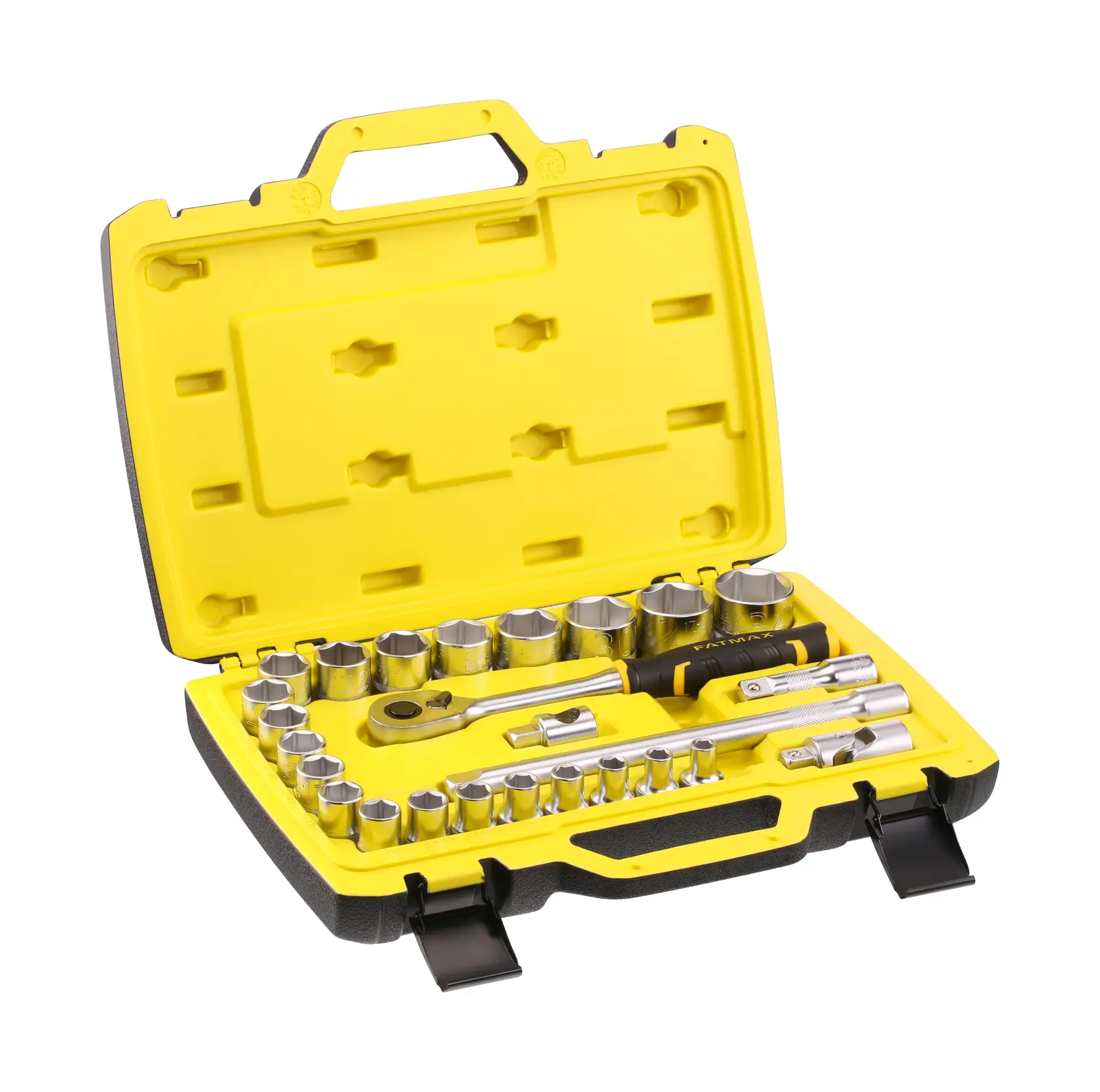 STANLEY FMMT82685-1 set di chiavi a bussola in valigetta rigida gialla, foto frontale con tutti i pezzi ordinati.