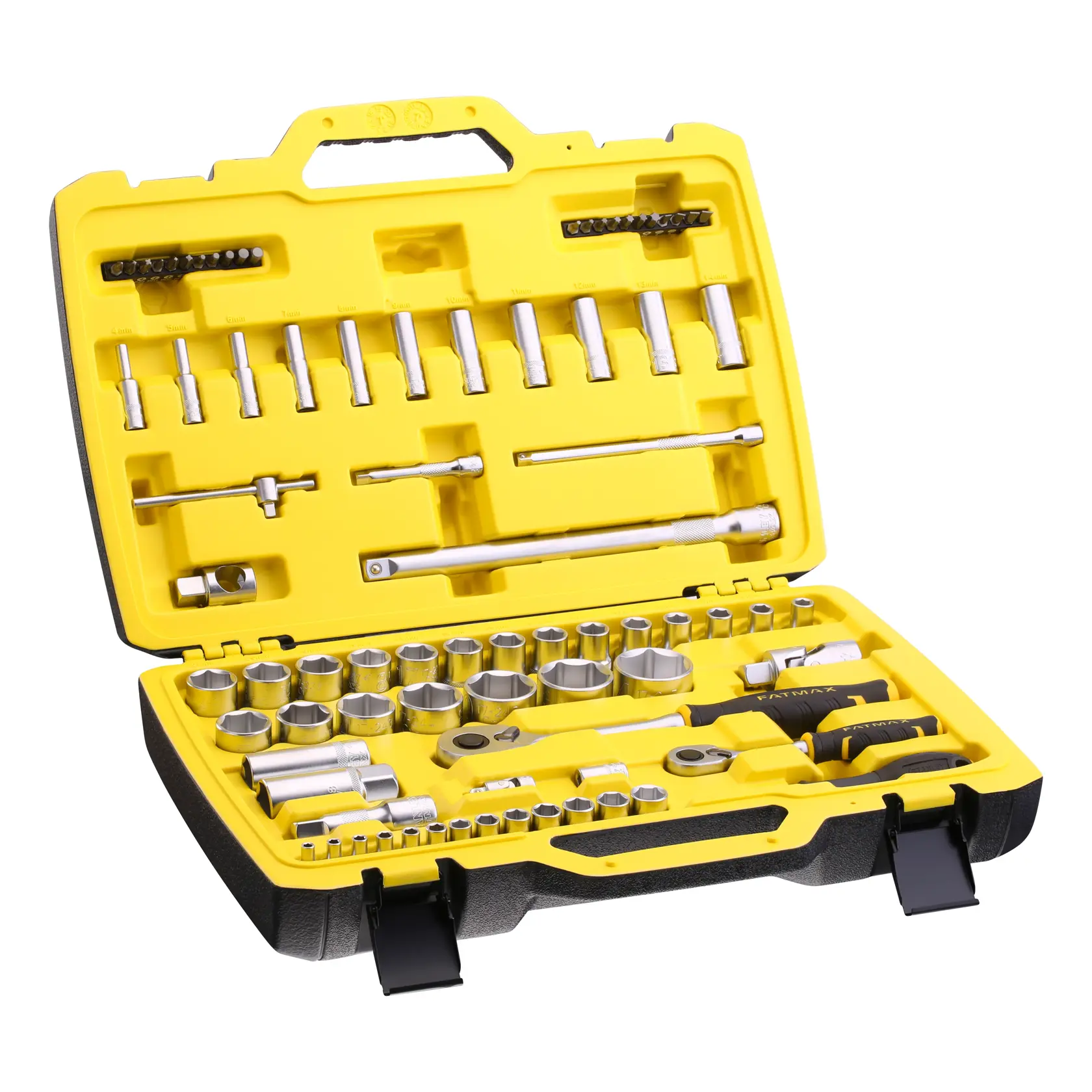 STANLEY FMMT82826-1 set di bussole e cricchetto in valigetta gialla, vista angolare su sfondo bianco.