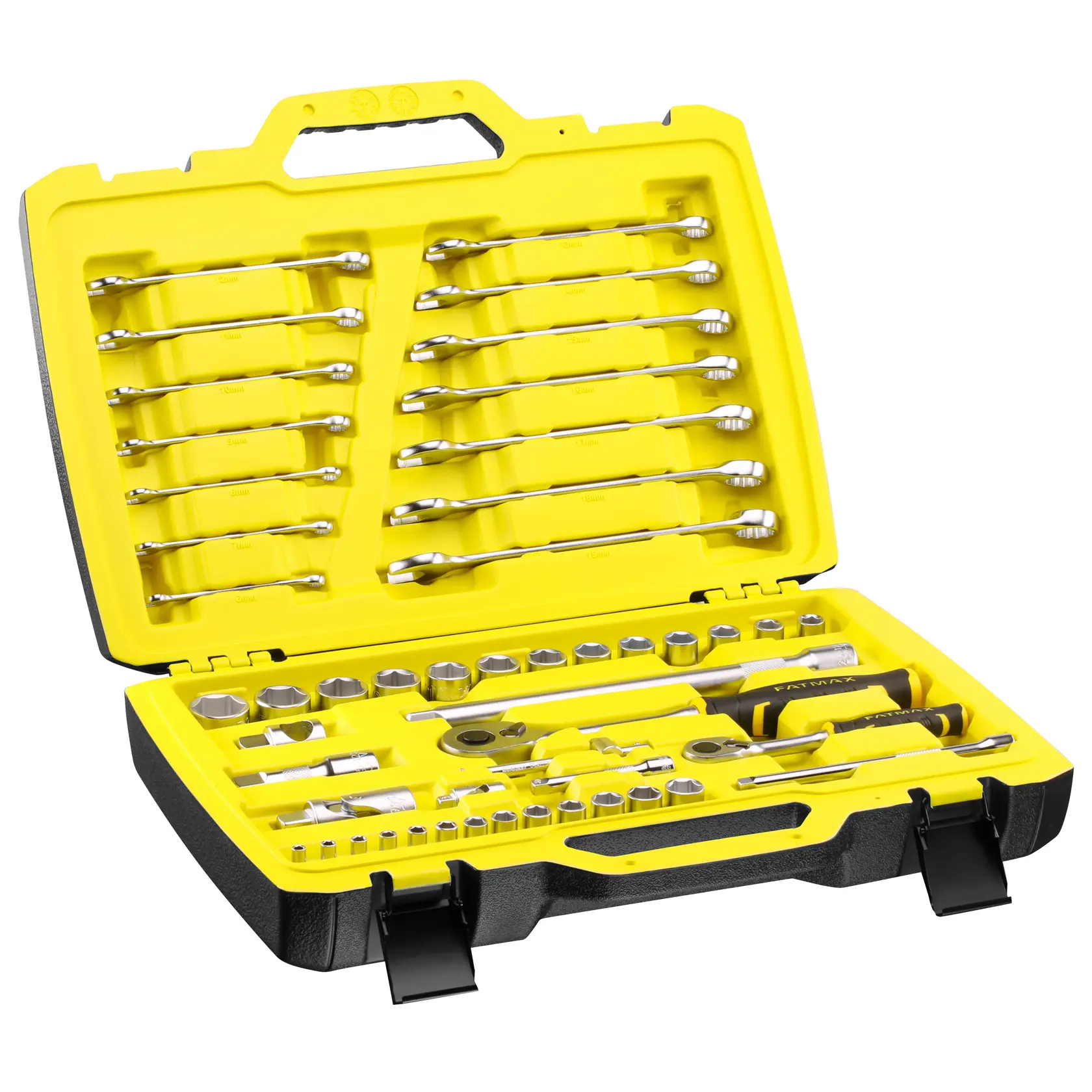 STANLEY FMMT82827-1 set di attrezzi meccanici con bussole, chiavi e cricchetti in valigetta rigida gialla, vista frontale.