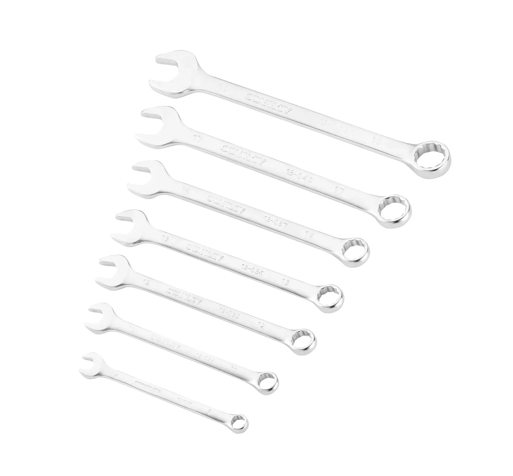 STANLEY FMMT82844-0 set di sette chiavi combinate argentate, vista angolata su sfondo bianco.