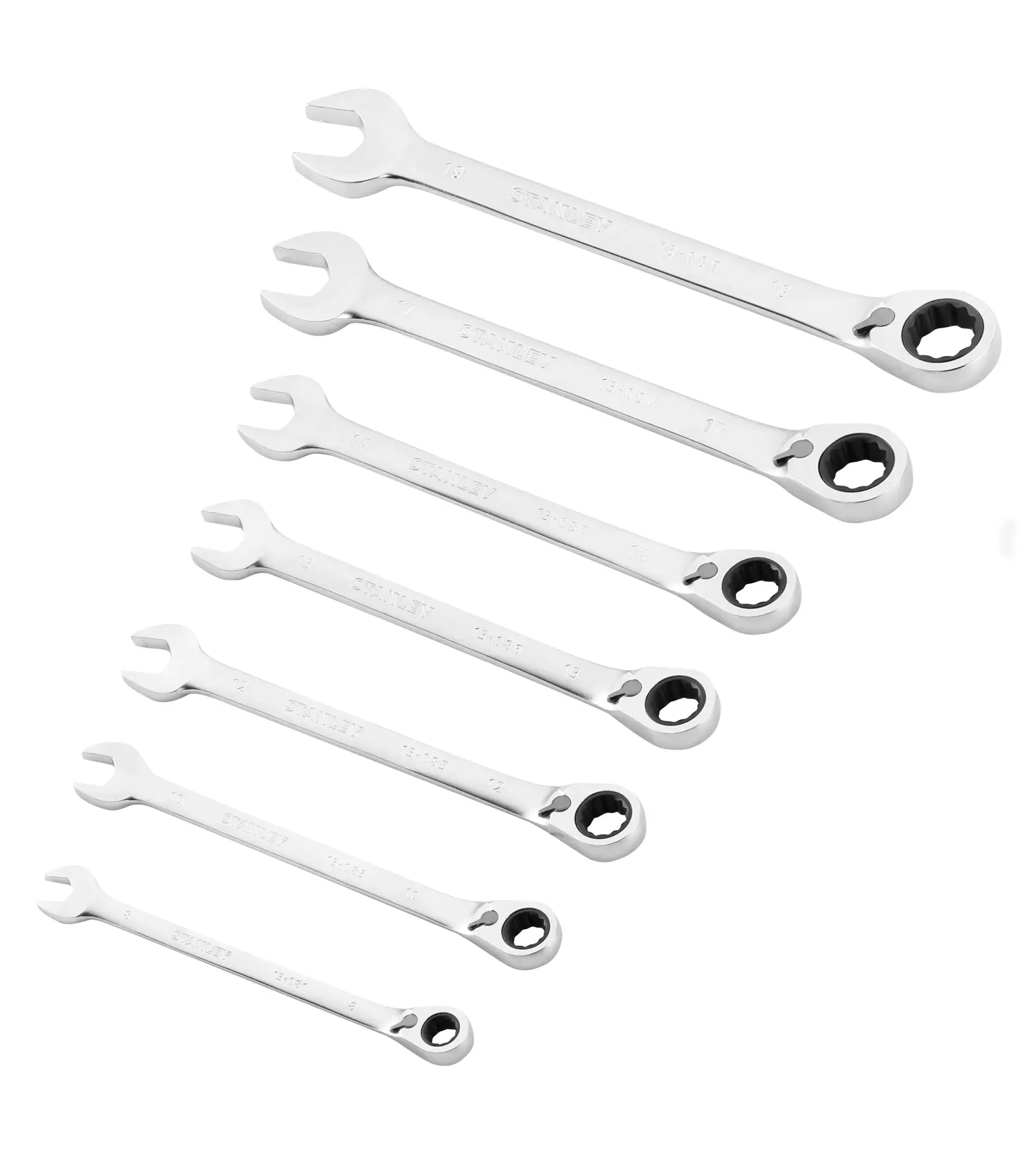 STANLEY FMMT82848-0 set di sette chiavi combinate a cricchetto, finitura argento, fotografia su sfondo bianco.