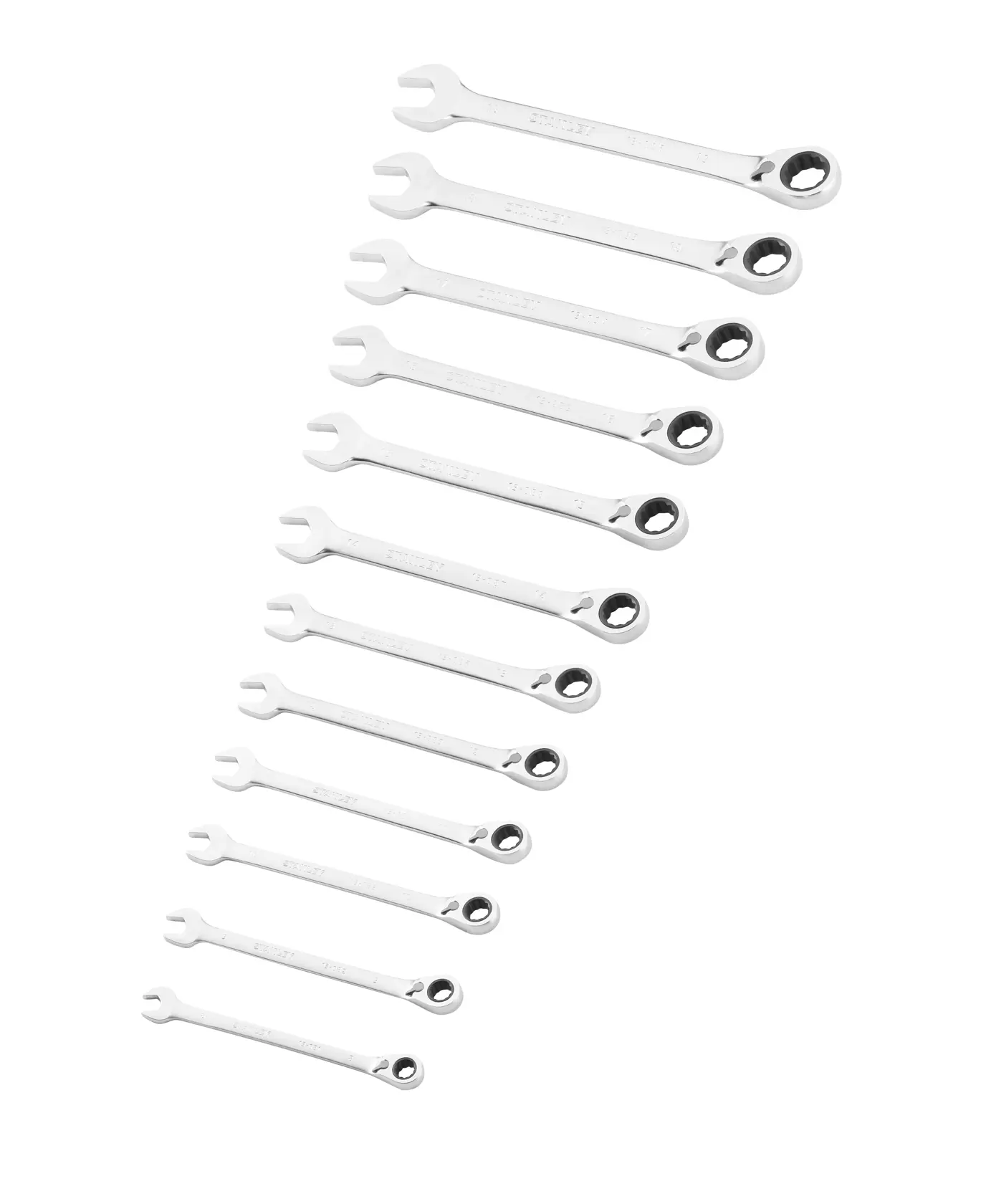 STANLEY FMMT82849-0 set chiavi combinate a cricchetto, 12 pezzi, finitura cromata, vista dall’alto, sfondo bianco.