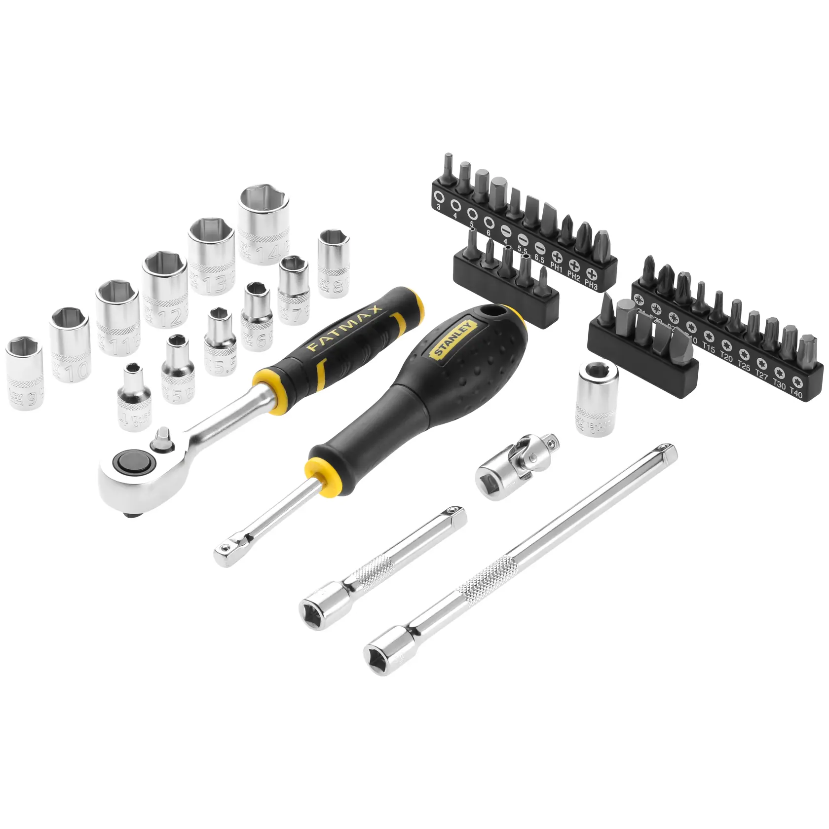 STANLEY FMMT98101-0 set di bussole e inserti con manico a cricchetto, cacciavite, bussole, inserti e prolunghe, vista dall'alto.